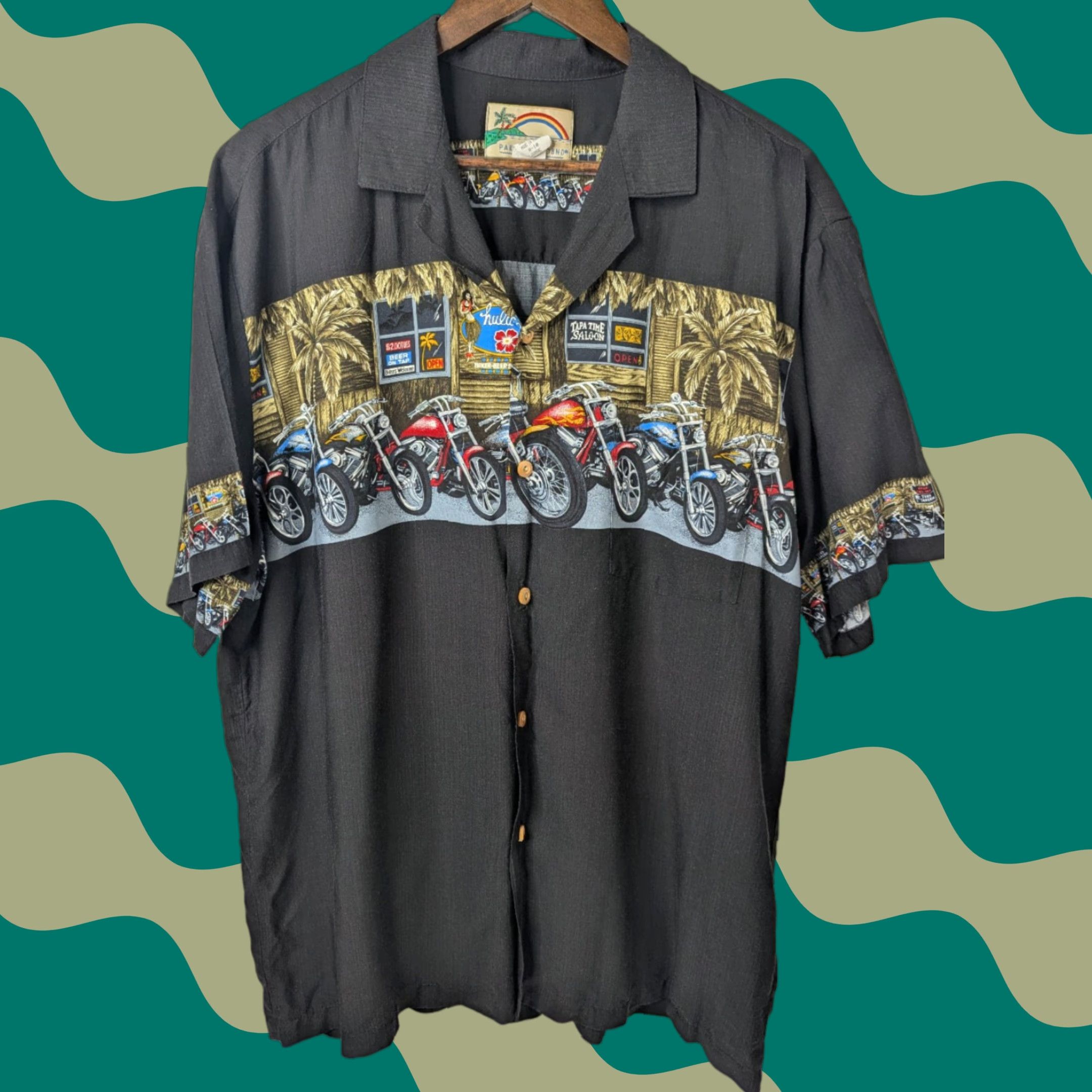 Paradise Found Vintage Paradise Found Mens Hawaiian Shirt Black Motorcycles Aloha Rayon Cotton Button-Up Short Sleeve L Spring Summer Mens Size US L / EU 52-54 / 3 - 1 Thumbnail