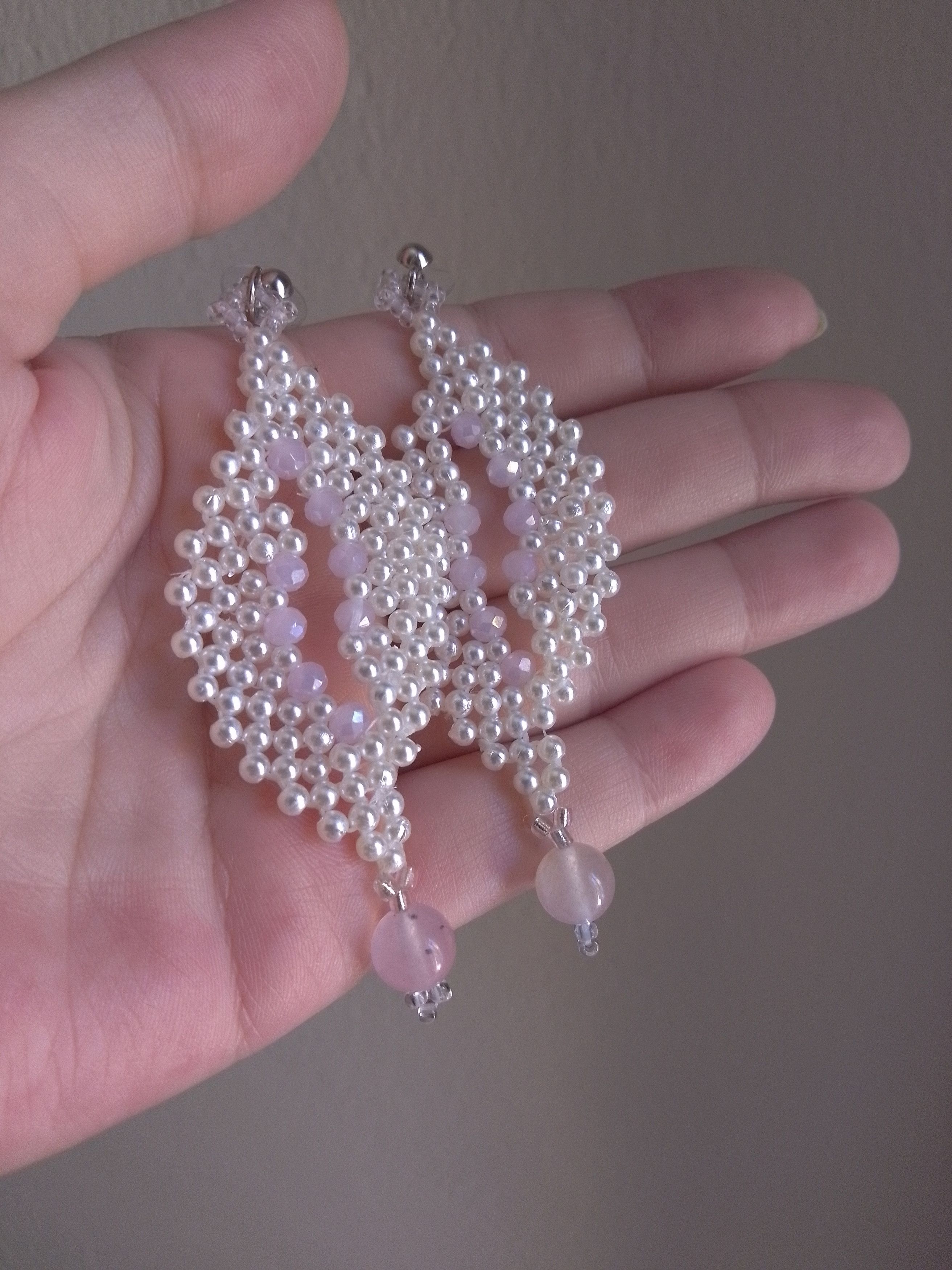 Handmade Dangling pearls earrings with natural rose quartz gemstones Size ONE SIZE - 5 Thumbnail
