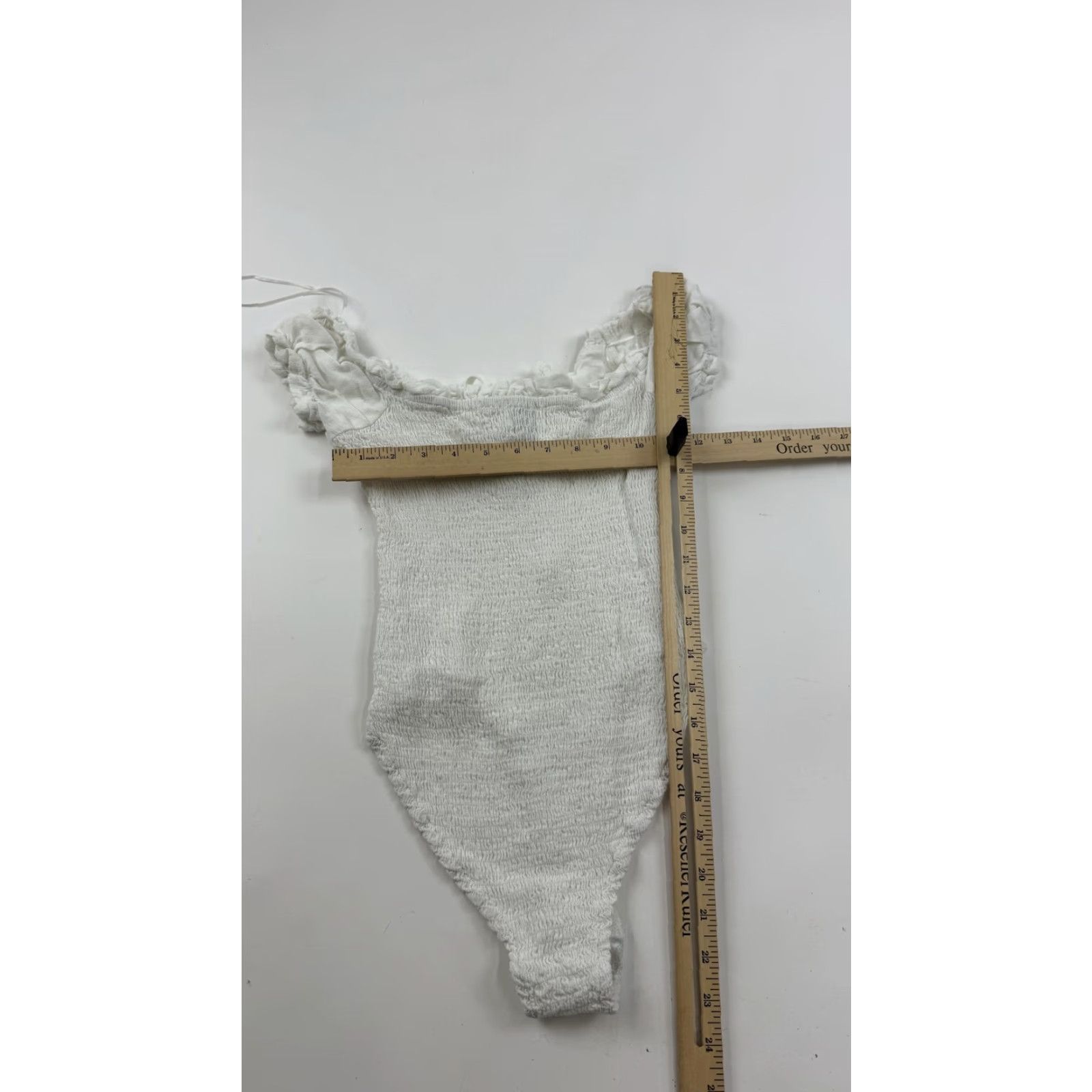 PRINCESS POLLY Princess Polly Bodysuit Womens US 4 White Smocked Off Shoulder Ruffle Tie Front Size S / US 4 / IT 40 - 6 Thumbnail
