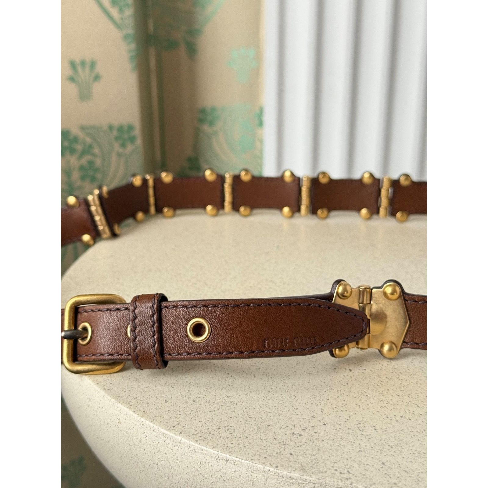 Miu Miu Miu Miu Leather Studded Grommet Buckle Brown Gold Belt 90/36 Size ONE SIZE - 7 Thumbnail