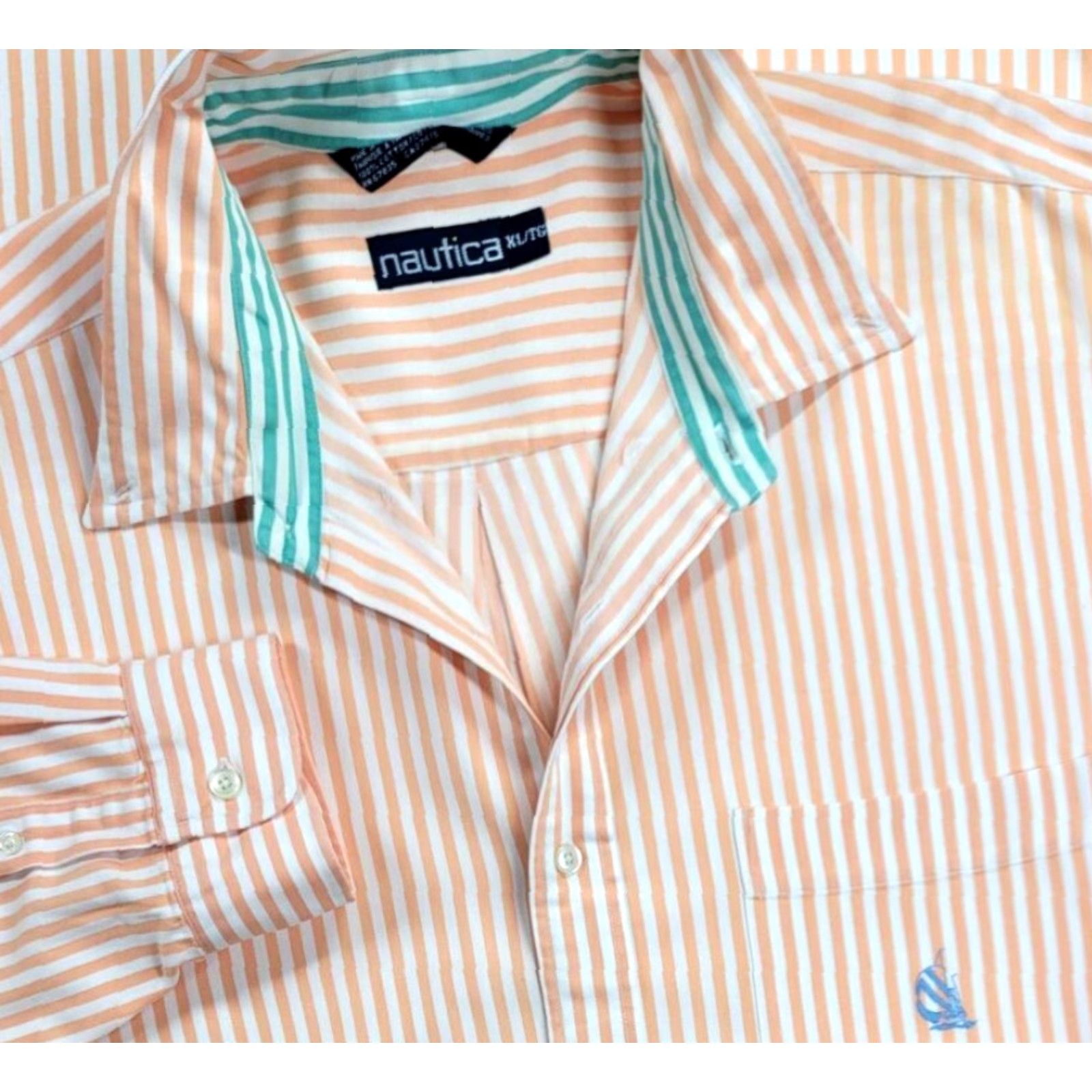 Nautica VINTAGE Nautica Button-Up Shirt XL Peach White Striped Long Sleeve Heavyweight Yacht Mens Size US XL / EU 56 / 4 - 3 Thumbnail