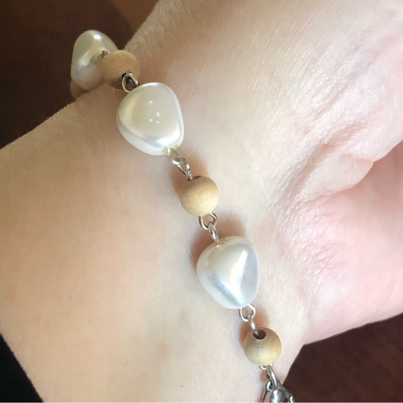 Jewelry Simulated pearl and wood bead link bracelet Size ONE SIZE - 6 Thumbnail