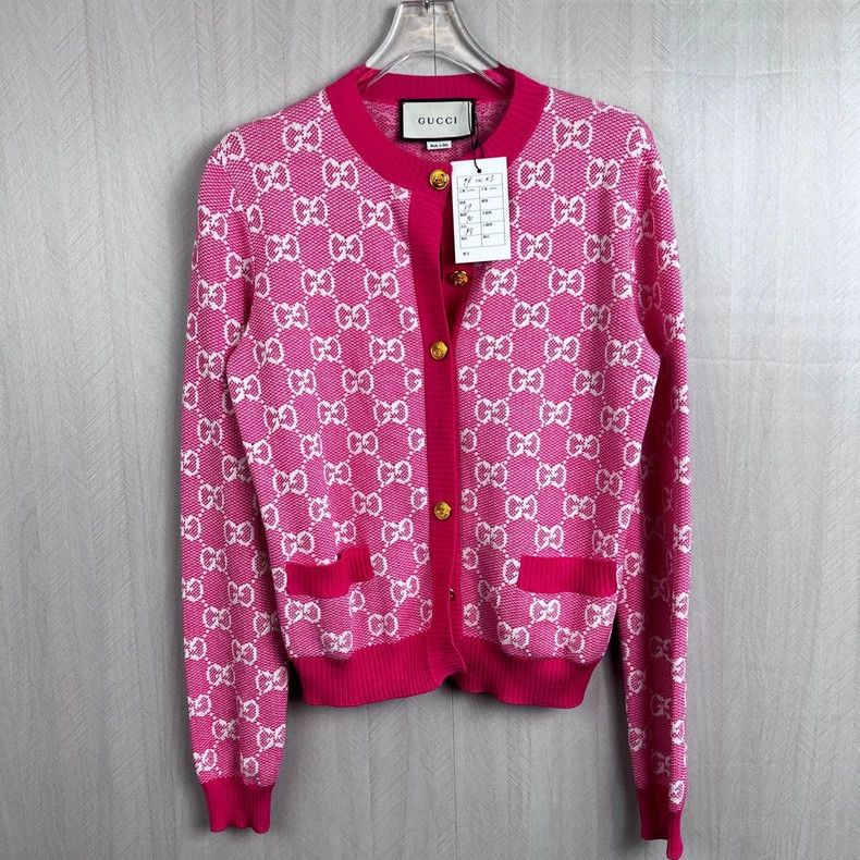 Gucci Pink gold buckle full print knitted cardigan sweater