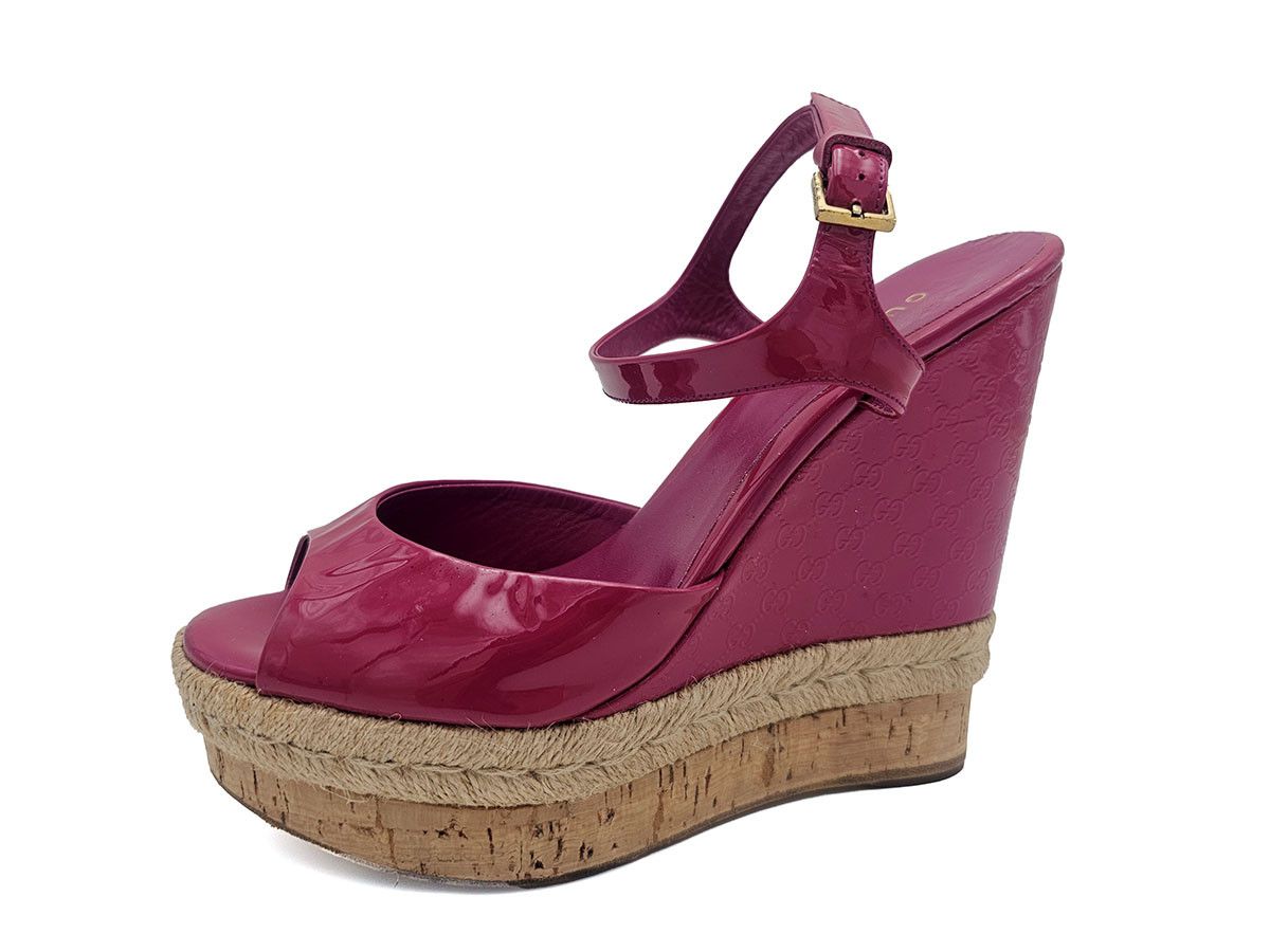 Gucci Pink Guccissima Patent Leather Cork Wedge Sandals 38