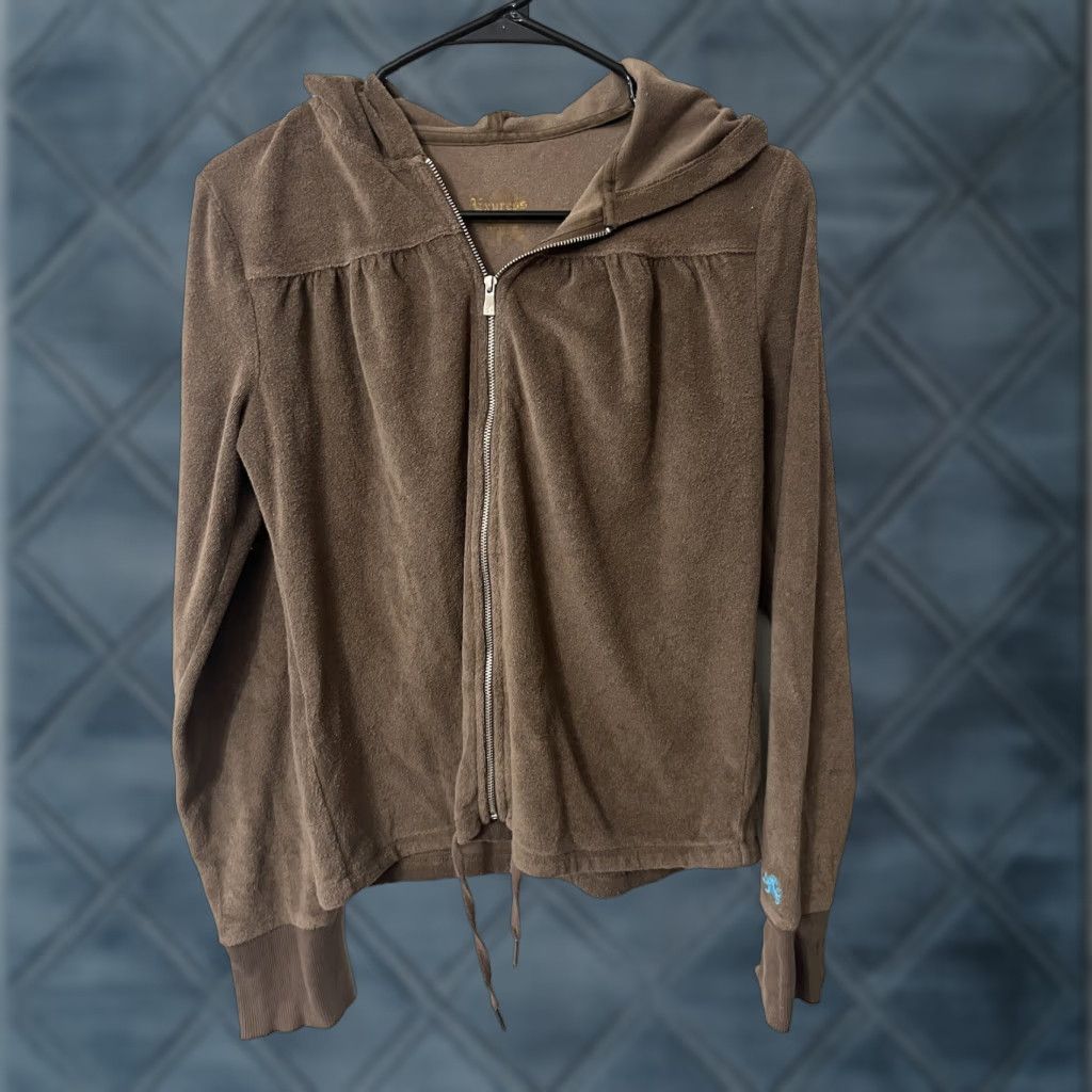 Express Express Women's Brown Velour Zip Up Hoodie Jacket S Adult Small Regular Velour Hoodie Pockets Retro Y2K, 90s Theme, Brown, Size S Womens Size S / US 4 / IT 40 - 1 Thumbnail