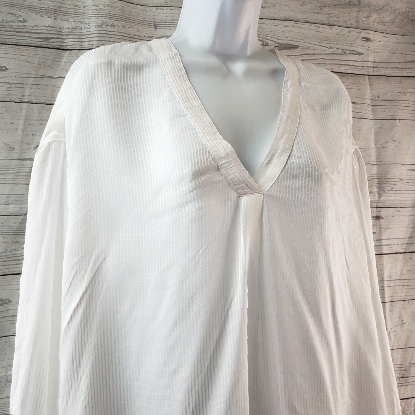 Treasure & Bond Treasure & Bond Womens Popover Blouse Shirt L White Stripe V-Neck Sheer Viscose Size L / US 10 / IT 46 - 2 Thumbnail