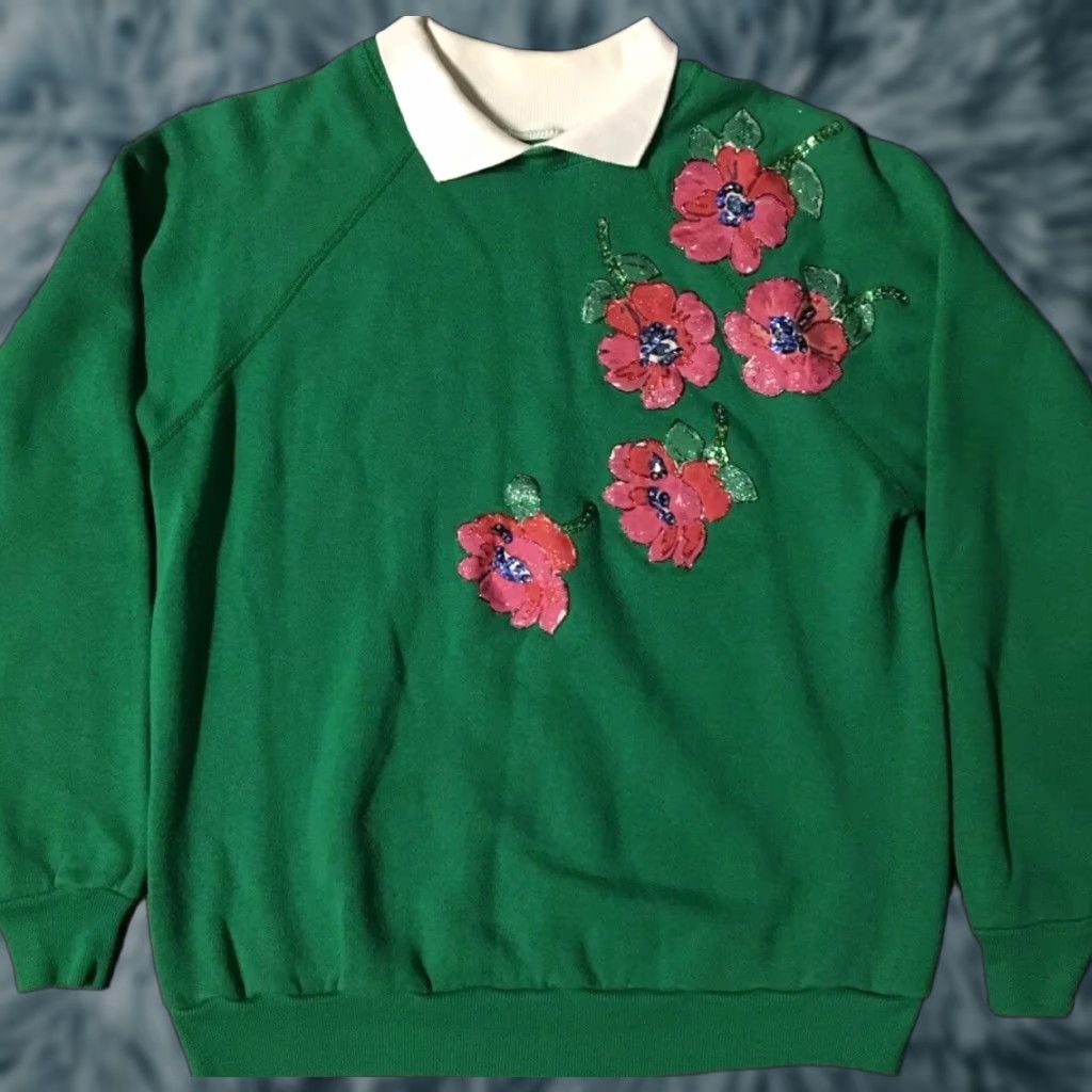 Hanes VINTAGE 80s Flower Collared Sweatshirt Mens M USA Hanes Green Patterned Raglan Striped Long Sleeve College Grunge 90s Love Size US M / EU 48-50 / 2 - 1 Thumbnail