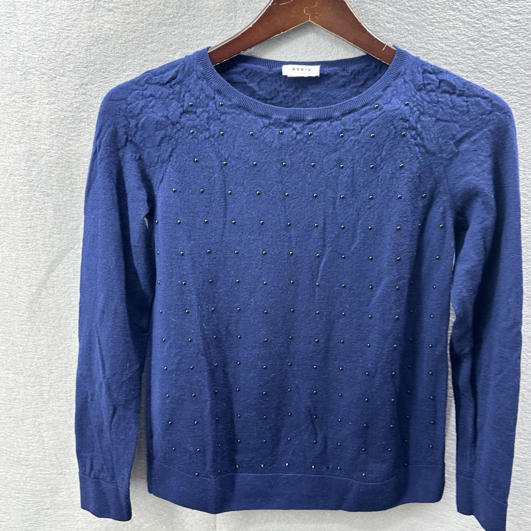 Vintage Akris Punto Sweater Womens 10 Blue Wool Long Sleeve Crew Neck Classic Designer Pullover Size L / US 10 / IT 46 - 2 Thumbnail