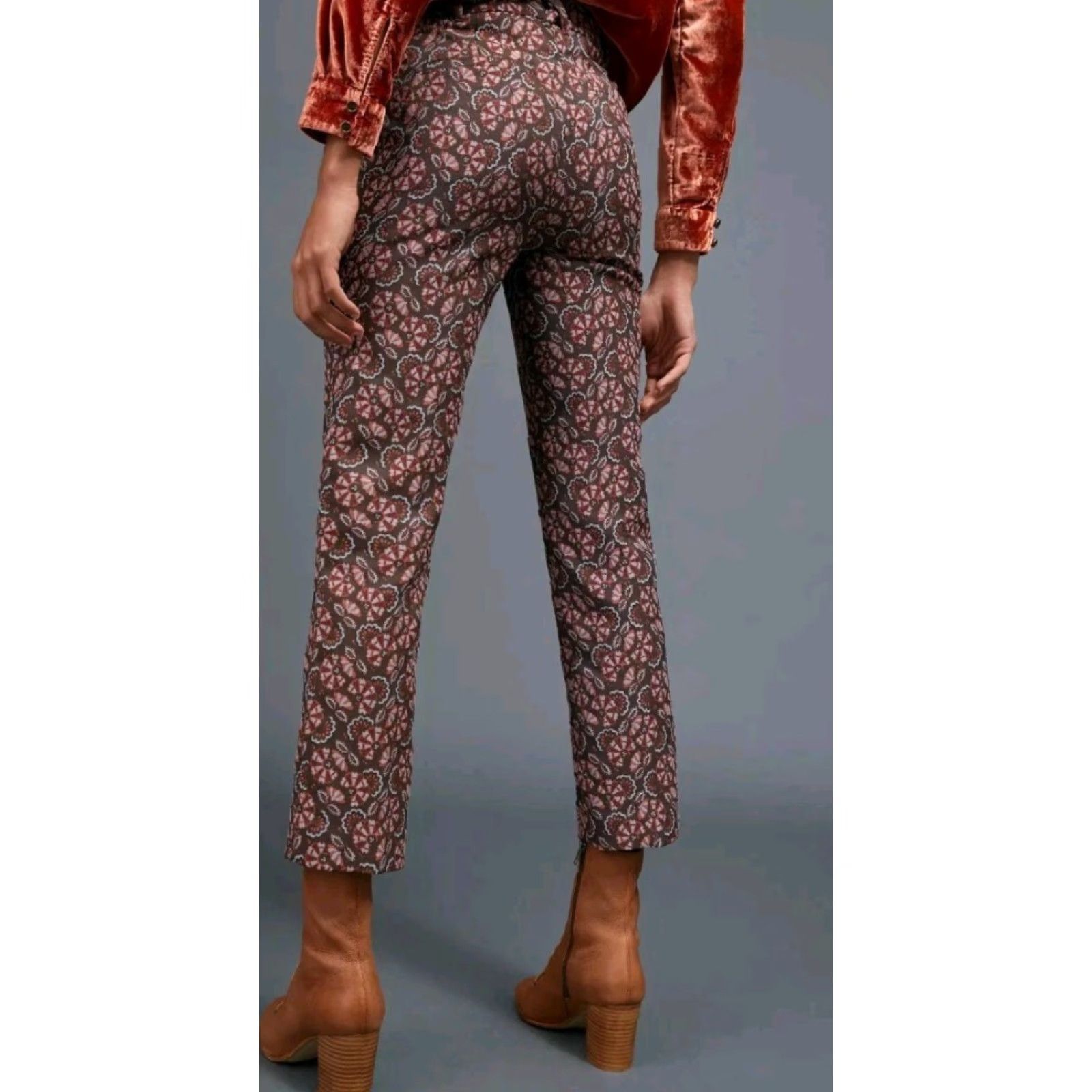 Anthropologie NWT Anthropologie The Essential Slim Paisley Jacquard Pant Size 14 Brown Motif Women Pants Size 36" / US 14 / IT 50 - 3 Thumbnail
