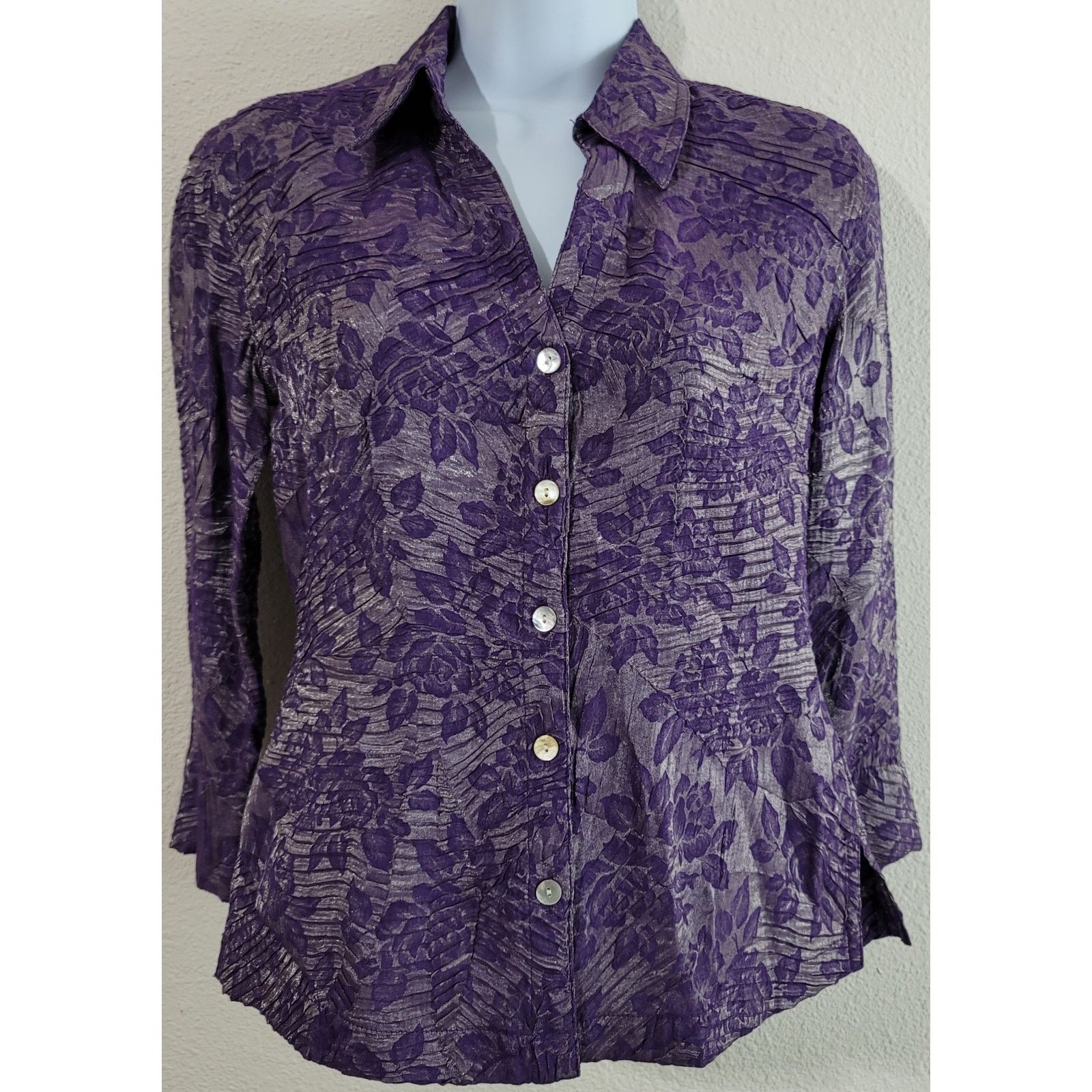 Other Scott Taylor Silver Purple Floral Ruched Button Up Top Small Size S / US 4 / IT 40 - 1 Thumbnail