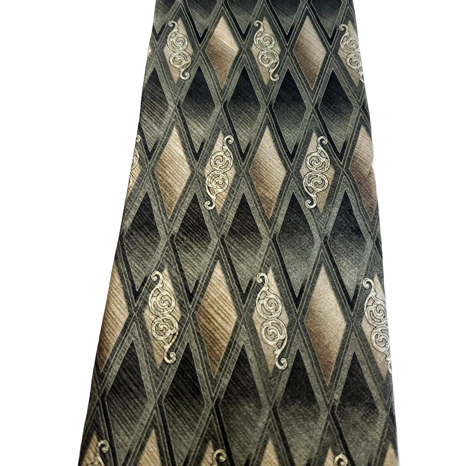 Puritan Puritan Green Tan Abstract Geometric Print Wide Silk Tie Size ONE SIZE - 2 Thumbnail