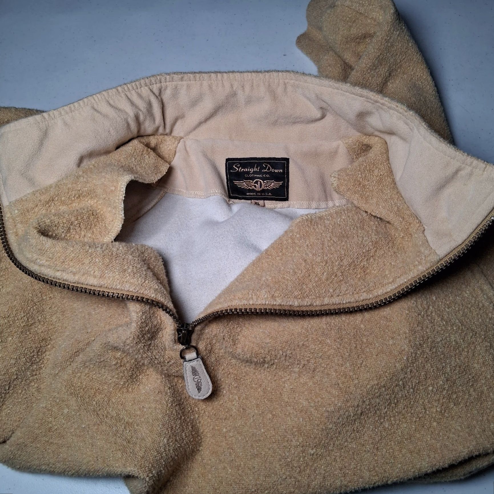 CLOT Straight Down Jacket Mens XL Pullover 1/4 Zip Fleece Tan Cotton Blend Terry Cloth USA Made Size US XL / EU 56 / 4 - 3 Thumbnail