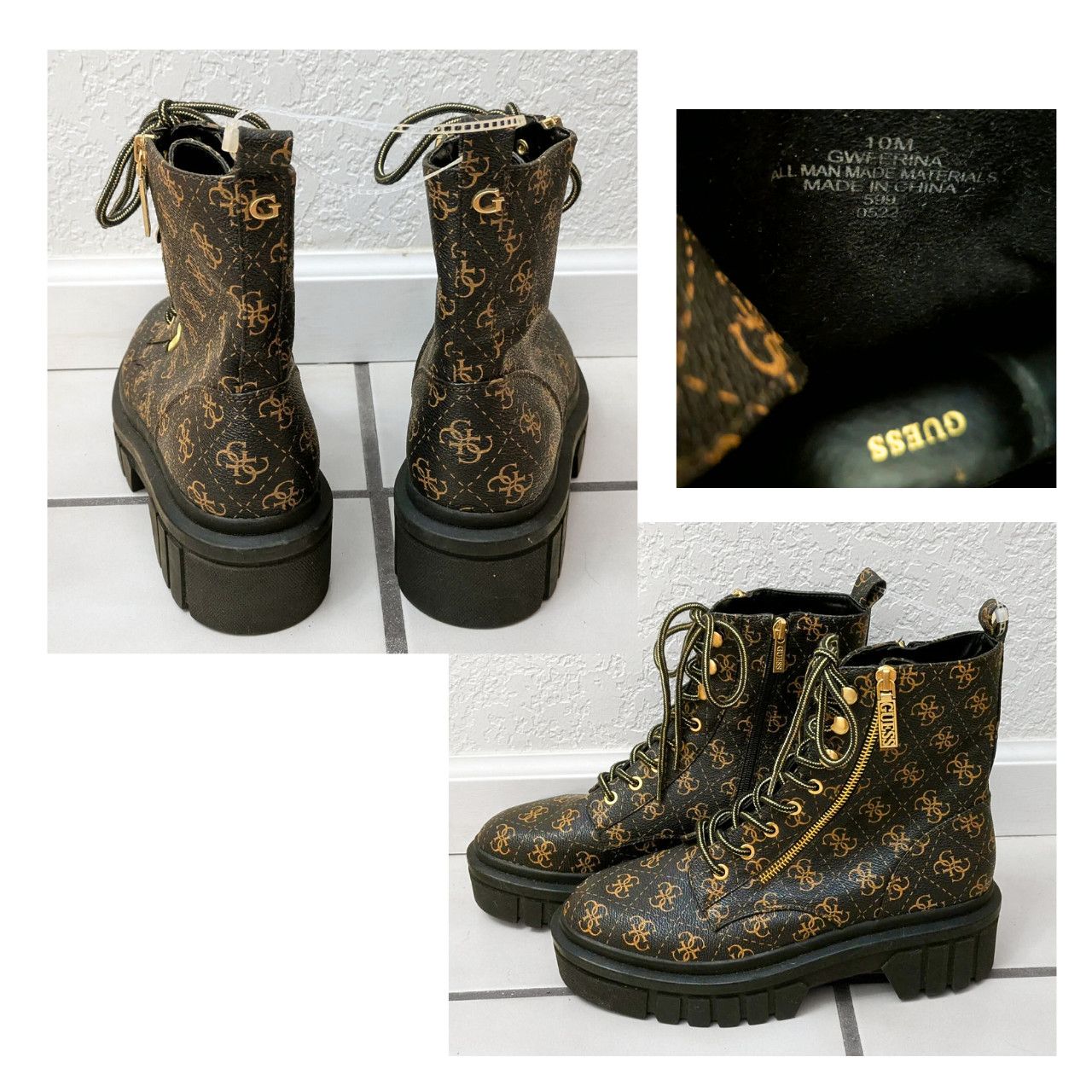 Guess GUESS "Ferina" Faux Leather Black & Gold Logo Combat Boots Size US 10 / IT 40 - 3 Thumbnail