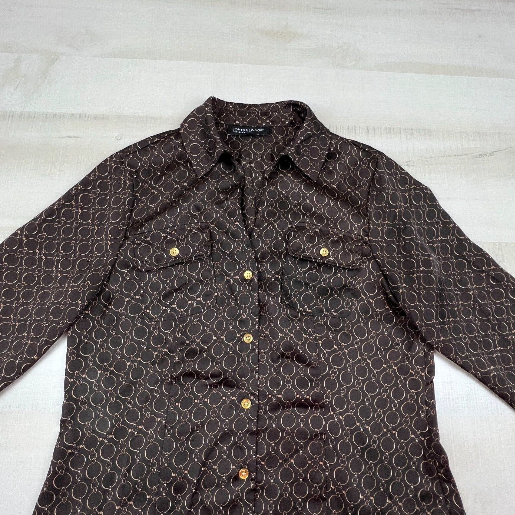 Jones New York Jones New York Womens Satin Top 6 Extra Large XL Brown Gold Chains Button Up Size M / US 6-8 / IT 42-44 - 2 Thumbnail
