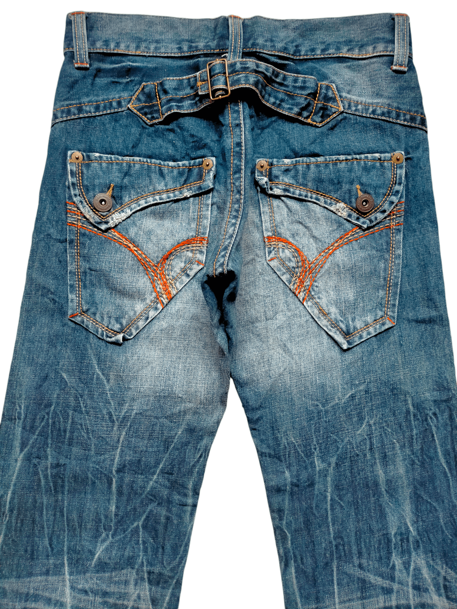 Back Number Acid Wash Bucklle Back Denim Pants
