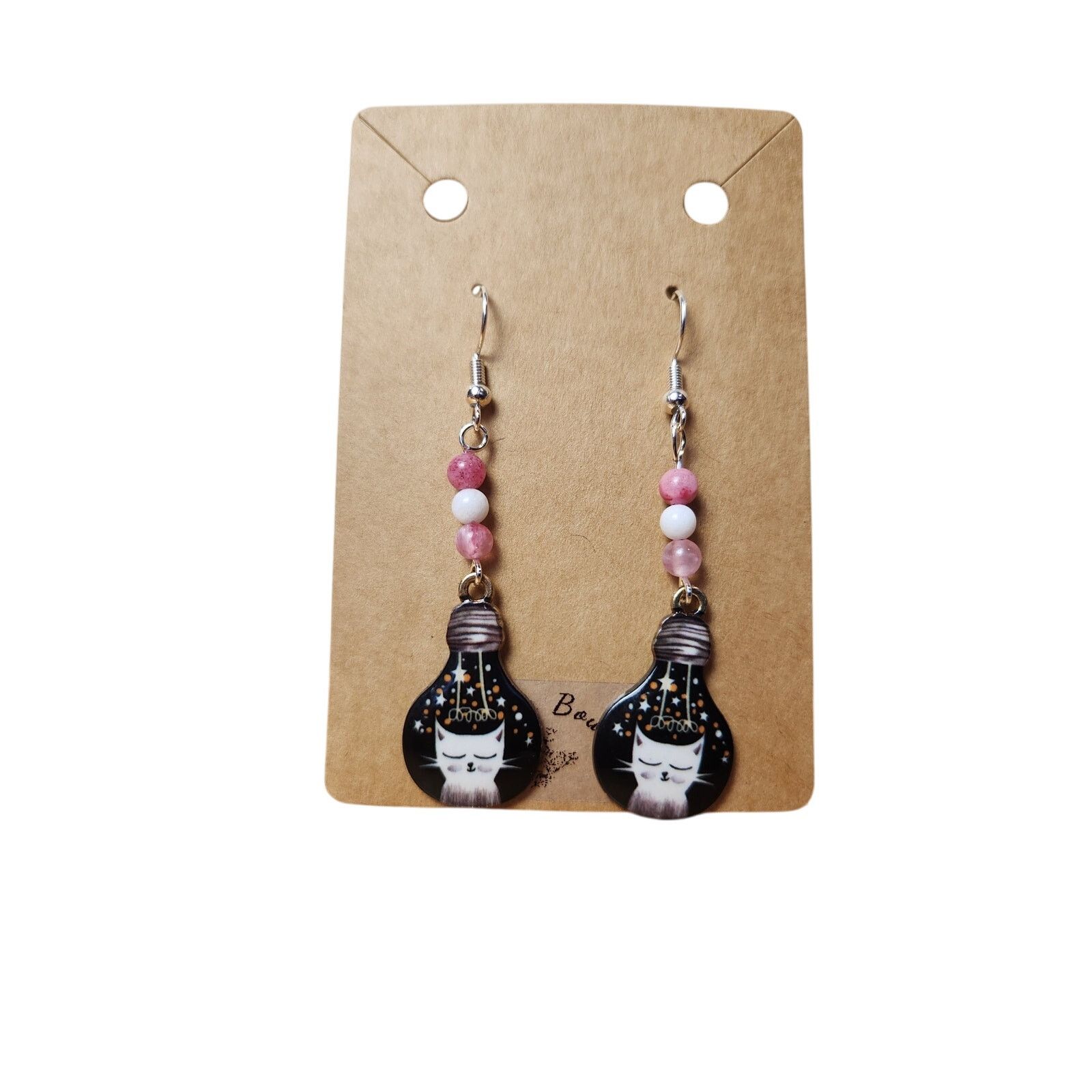 Other Handmade Cat Lightbulb Earrings Pink White Jade Beads Size ONE SIZE - 4 Thumbnail