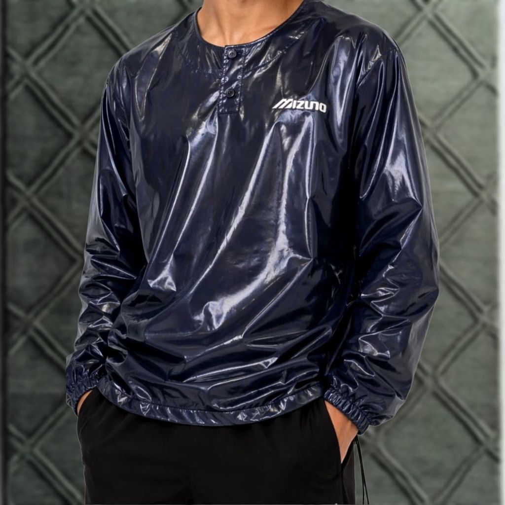 Mizuno VINTAGE Mizuno Jacket Polyurethane Wet Look Baseball Warmup BP Large Navy USA Mens Size US L / EU 52-54 / 3 - 1 Thumbnail