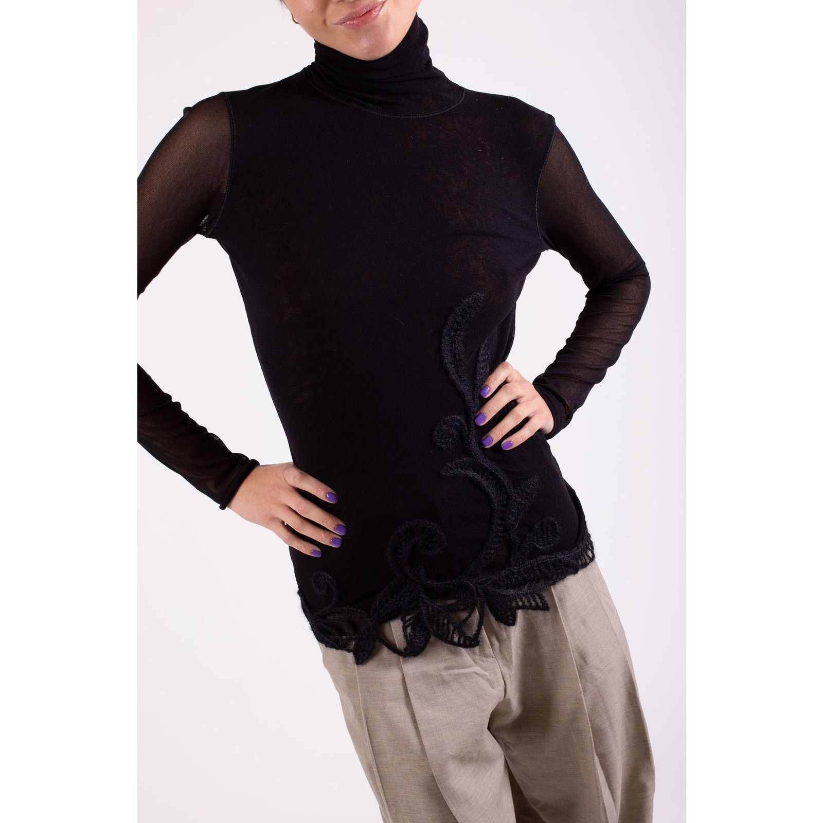 FUZZI Vintage FUZZI Double Layered Mesh Floral Crochet Turtleneck Size L / US 10 / IT 46 - 5 Thumbnail