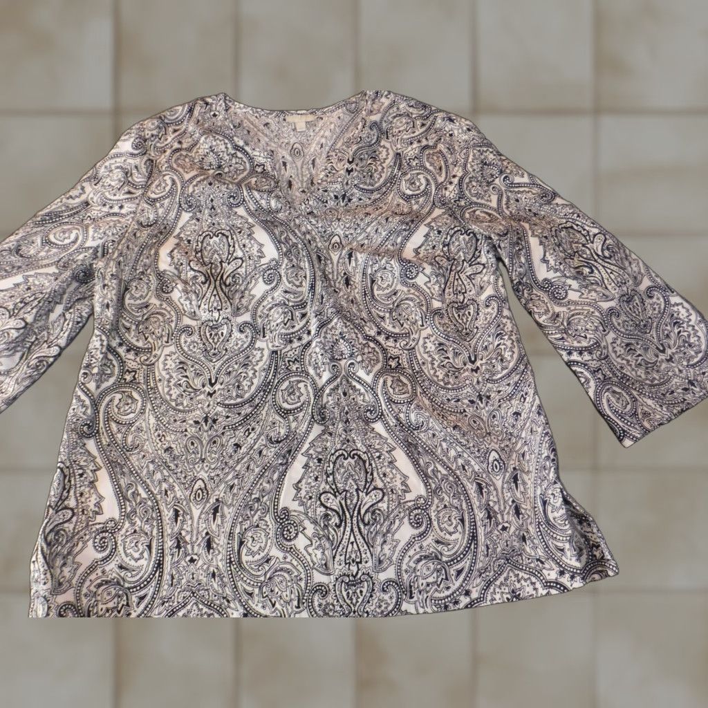 Talbots Talbots Womens Blouse L Gray Floral Designer V-Neck Pullover Knit Shirt Casual Stretch Regular Size L Womens Size L / US 10 / IT 46 - 1 Thumbnail
