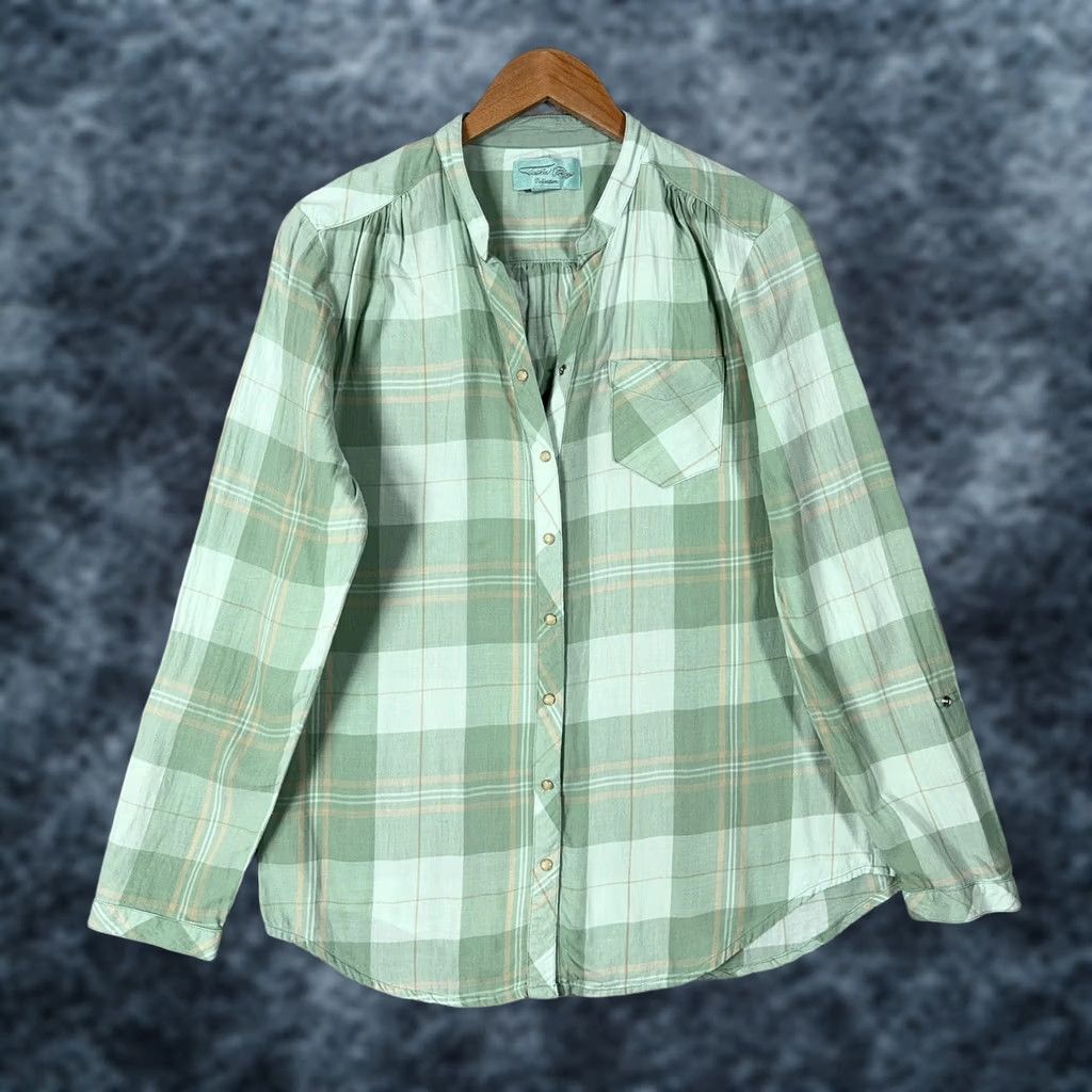 Vintage Tasha Polizzi Collection Pearl Snap Top Womens L Green Plaid Roll Tab Sleeve Western Shirt Size L / US 10 / IT 46 - 1 Thumbnail