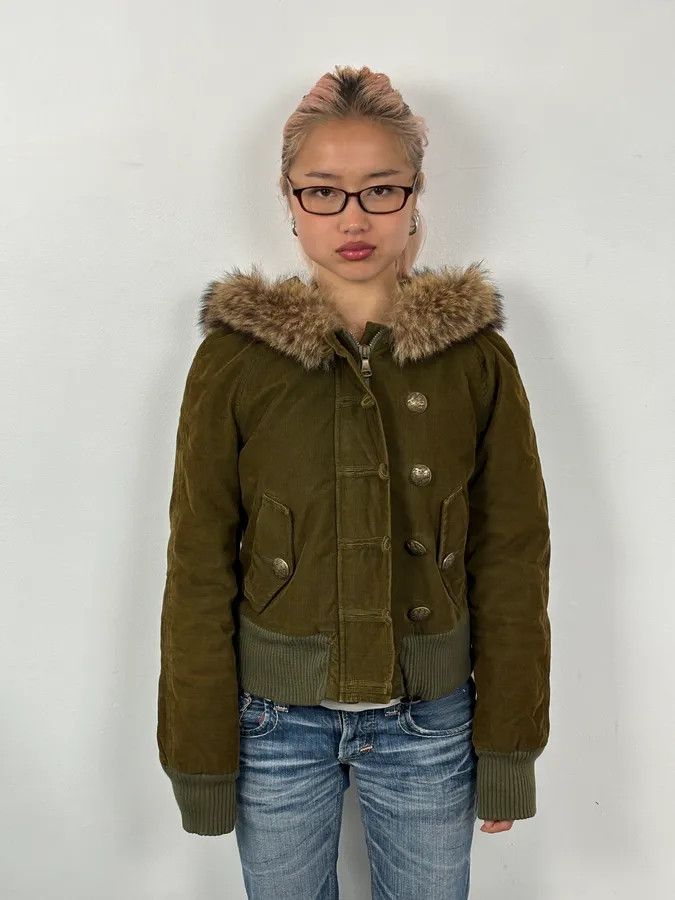 Dolce & Gabbana 2000s Dolce & Gabbana Khaki Corduroy Fur Hooded Buttoned Jacket Size M / US 6-8 / IT 42-44 - 1 Thumbnail
