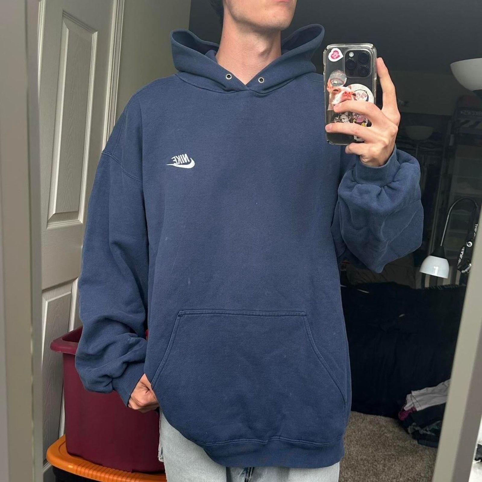 Nike × Vintage Vintage 90s Baggy Nike Check Navy Cotton Hoodie Sweatshirt Size US XXL / EU 58 / 5 - 6 Thumbnail