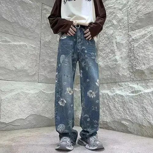 Designer × Jean Retro full-print jacquard jeans wide-leg fried street Size US 32 / EU 48 - 2 Thumbnail