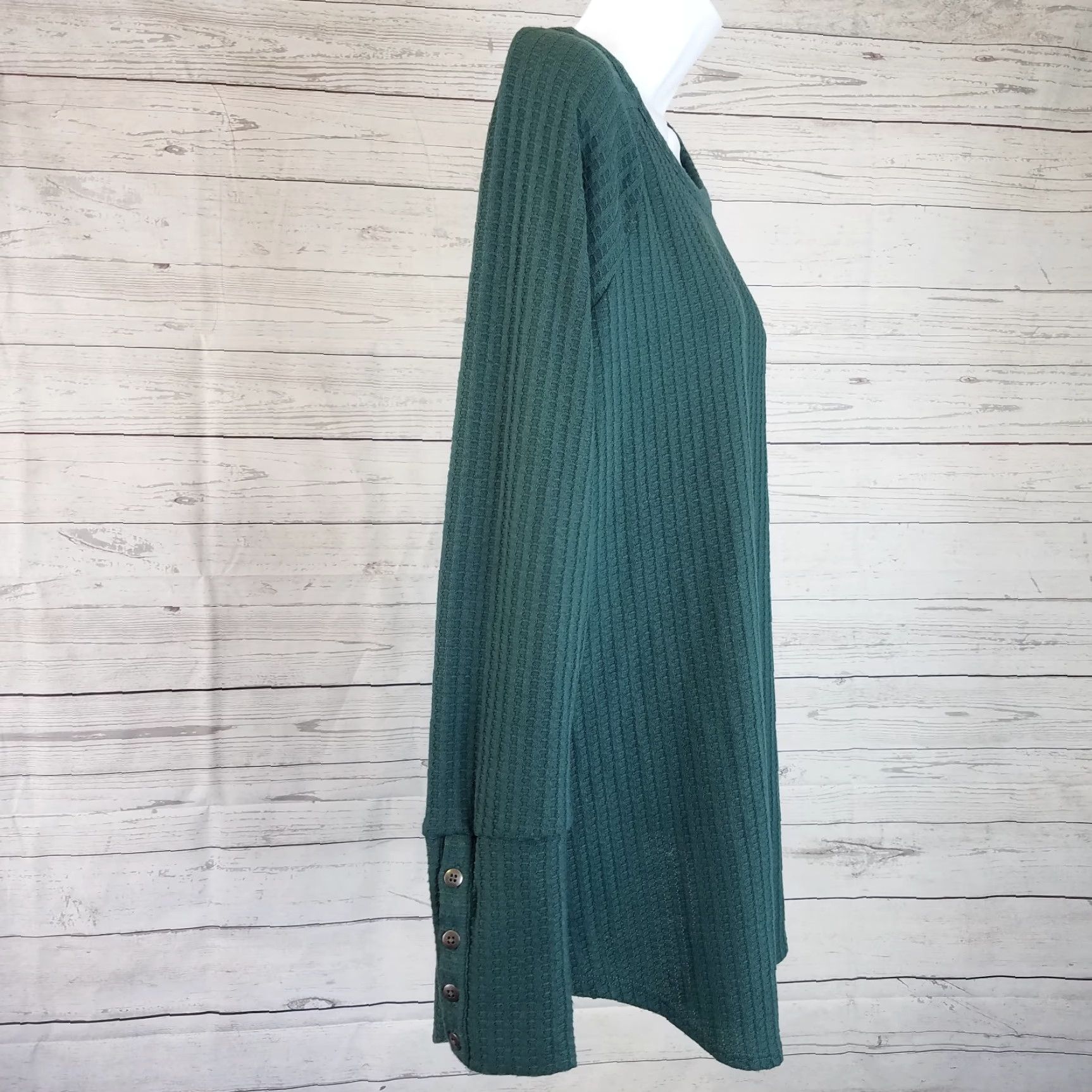 Vintage Chaser Women's Waffle Knit Top Blouse Long Sleeve Teal Green Size L Casual Thermal Knit Shirt Womens Size L / US 10 / IT 46 - 3 Thumbnail