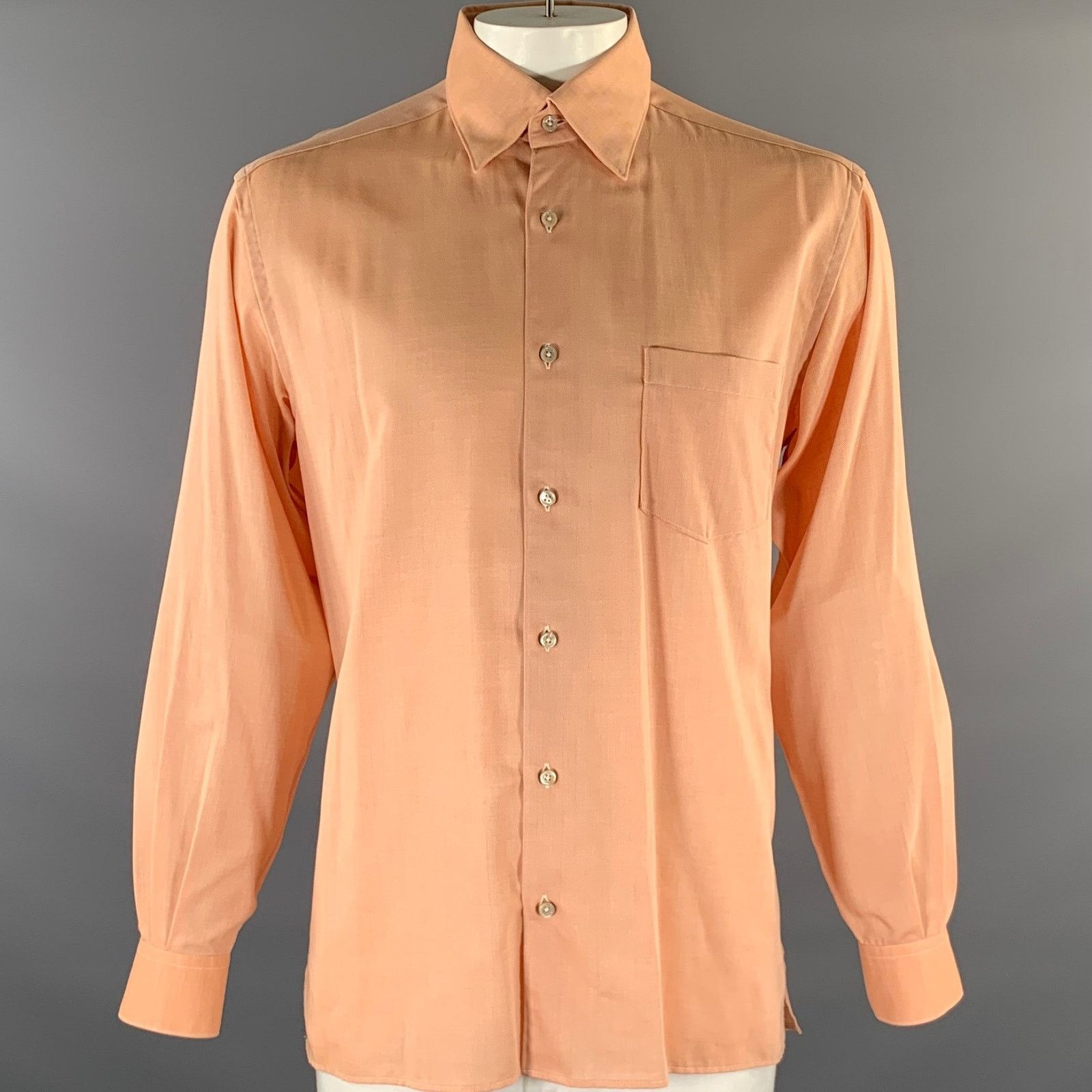Ermenegildo Zegna ERMENEGILDO ZEGNA L Orange Herringbone Cotton Button Down LS Size US L / EU 52-54 / 3 - 1 Thumbnail