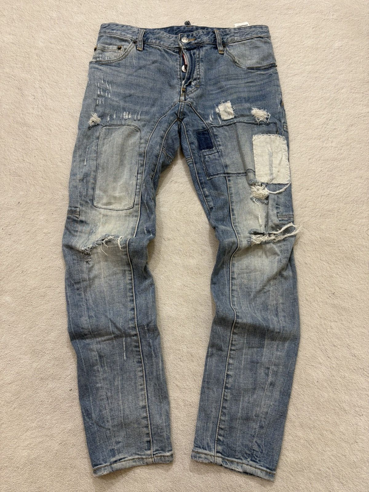 Japanese Brand 2000s Dsquared Patchwork Denim Ripped Wash Jeans Y2K LGB Size US 31 - 1 Thumbnail