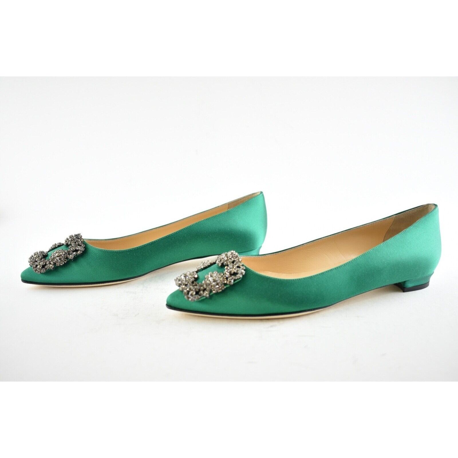 Manolo Blahnik Hangisi Emerald Satin Jewel Buckle Ballerina Ballet Flat 38 Size US 8 / IT 38 - 10 Thumbnail