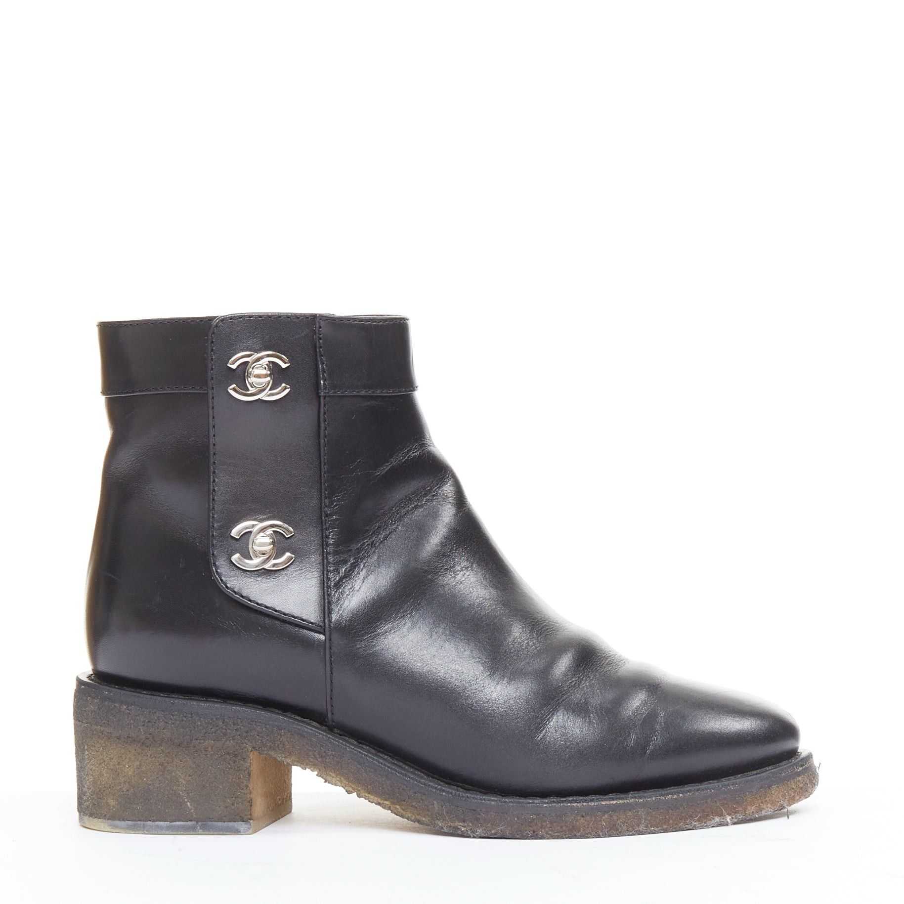 Chanel CHANEL Turnlock CC black leather silver logo crepe rubber sole ankle boots EU37 Size US 7 / IT 37 - 1 Thumbnail