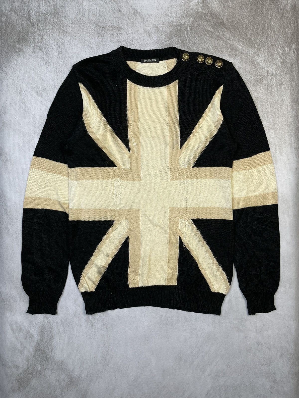 SS16 Balmain 'Union Jack' Distressed Sweater