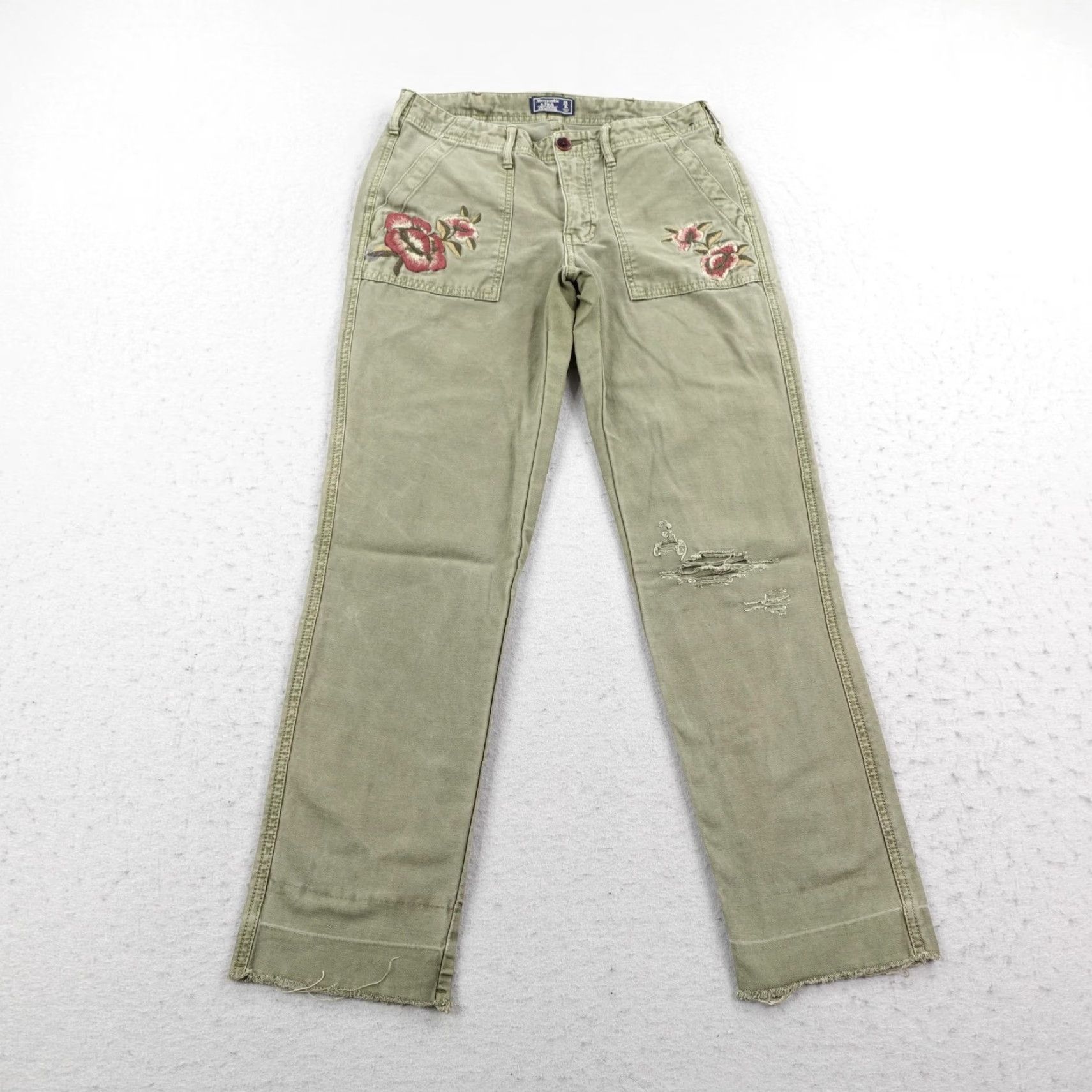 Abercrombie & Fitch Abercrombie & Fitch Pants Womens 0 Green Floral Embroidered Ames Slim Boyfriend Cropped Twill Cotton Pockets Zip Logo Button Casual Size 25" / US 0 / IT 36 - 2 Thumbnail