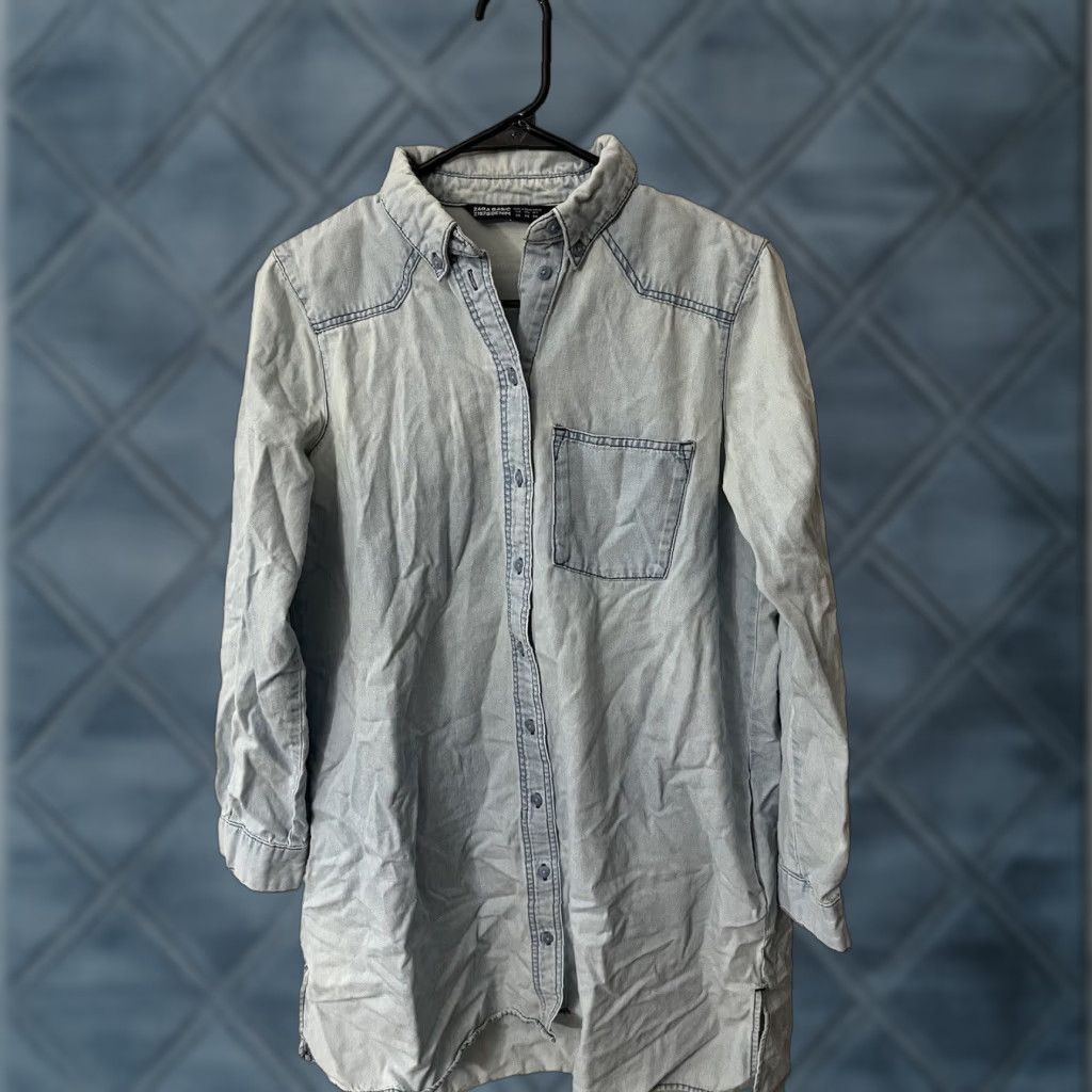 Zara Zara Shirt Women XS Blue Denim Chambray Tencel Long Sleeve Button-Down Utility Size XS / US 0-2 / IT 36-38 - 1 Thumbnail