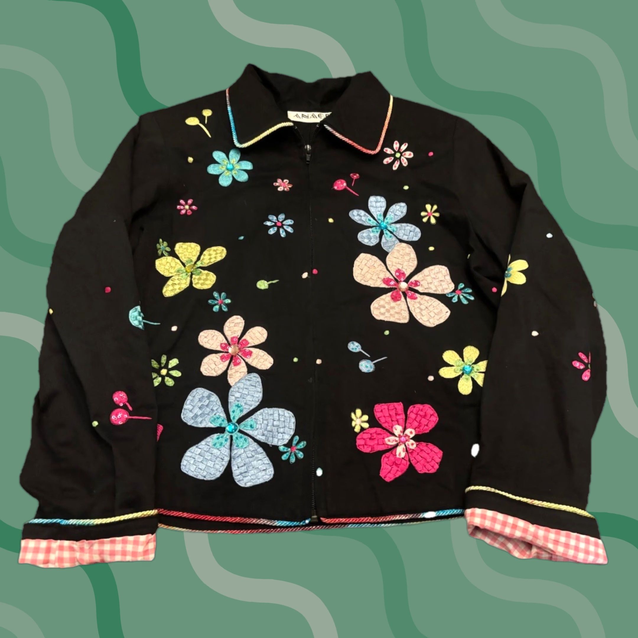 Vintage Womens VTG Top Black Floral Embroidered Zip Collared Shirt Jacket M Long Sleeve Knitted/Basic? Size M / US 6-8 / IT 42-44 - 1 Thumbnail