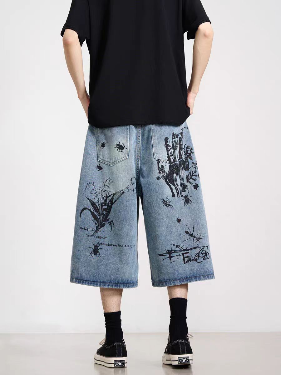 Vintage Retro graffiti insect pattern baggy denim shorts Size US 33 - 3 Thumbnail