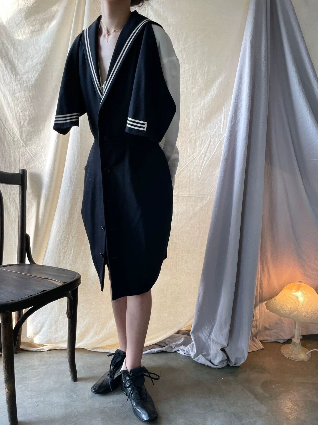 Yohji Yamamoto YOHJI YAMAMOTO 1989FW Navy Waist-Cinched Wool Dress Size S / US 4 / IT 40 - 2 Thumbnail