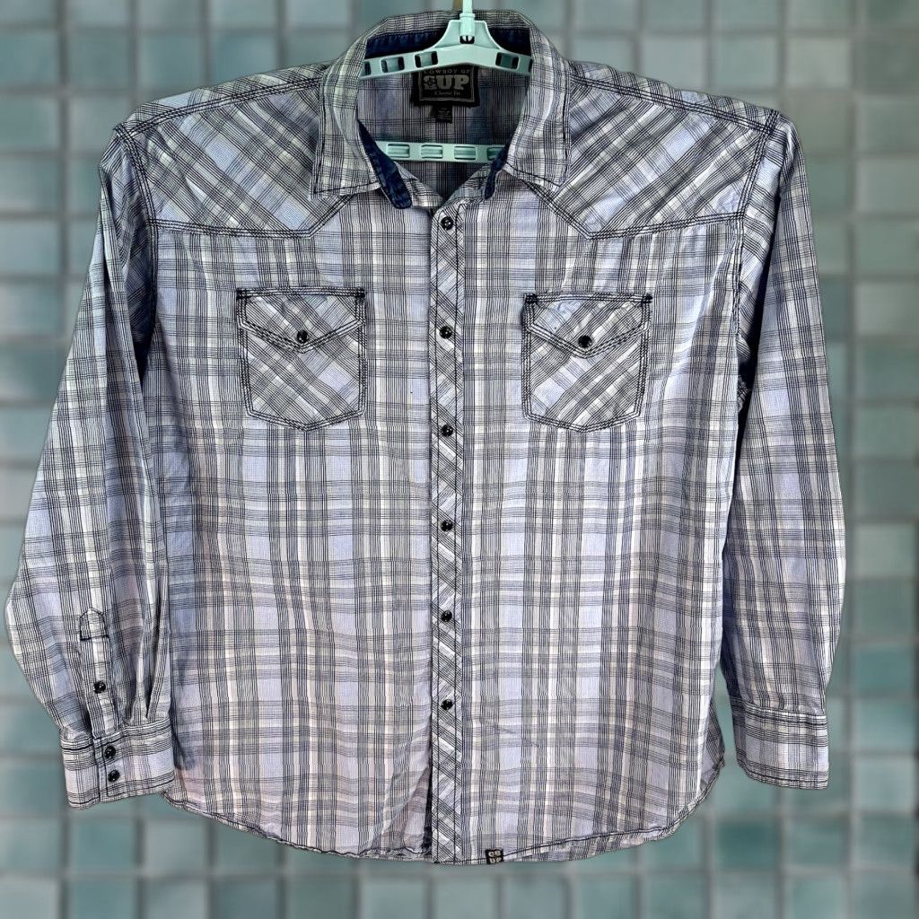 Vintage Cowboy Up Shirt Western Plaid Pearl-Snap Classic Fit Mens 2XL Blue Size US XXL / EU 58 / 5 - 1 Thumbnail