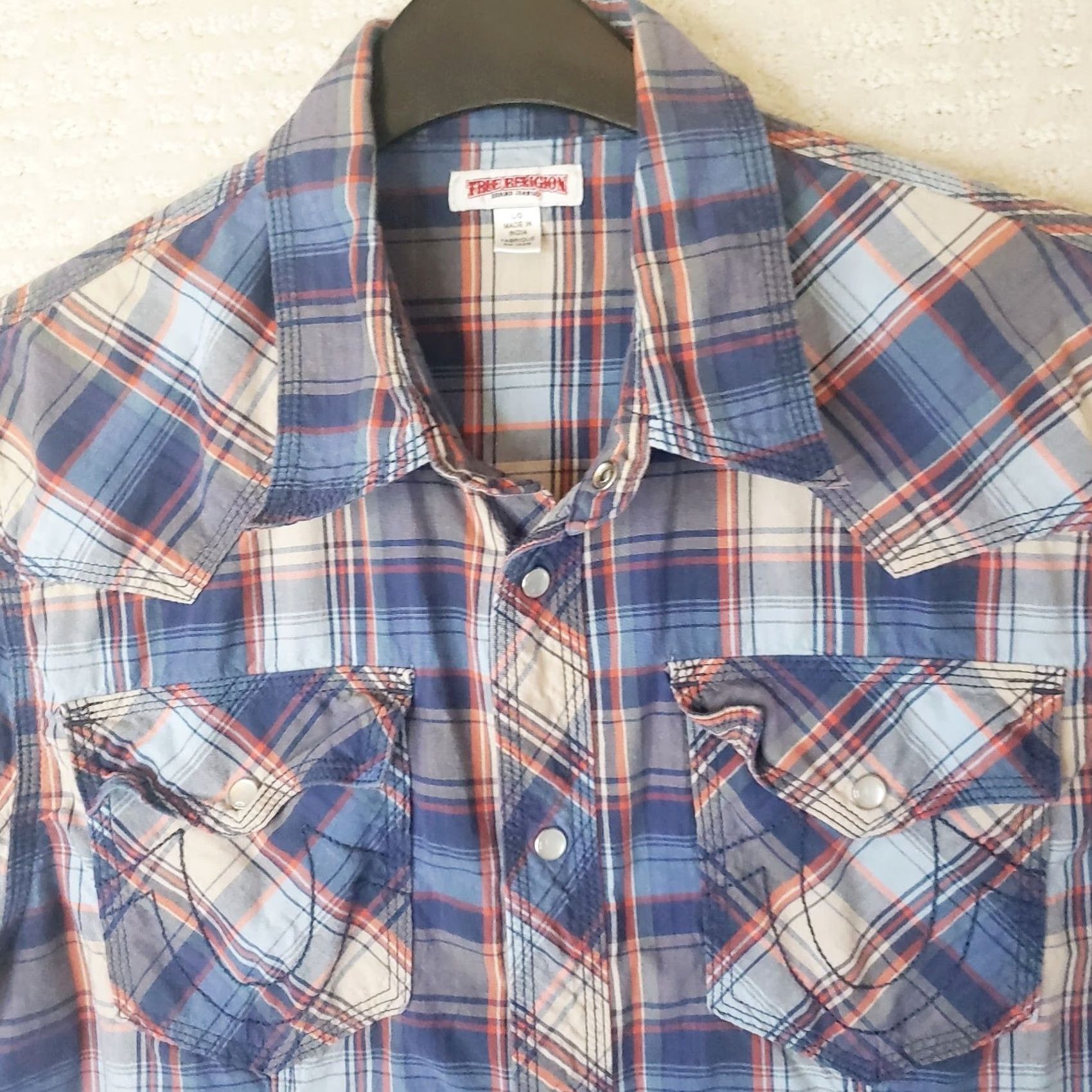 True Religion True Religion Shirt Men L Blue Plaid Pearl Snap Western Long Sleeve Cotton Twill Button-Up Casual Workwear Party/Cocktail Mens Size US L / EU 52-54 / 3 - 3 Thumbnail