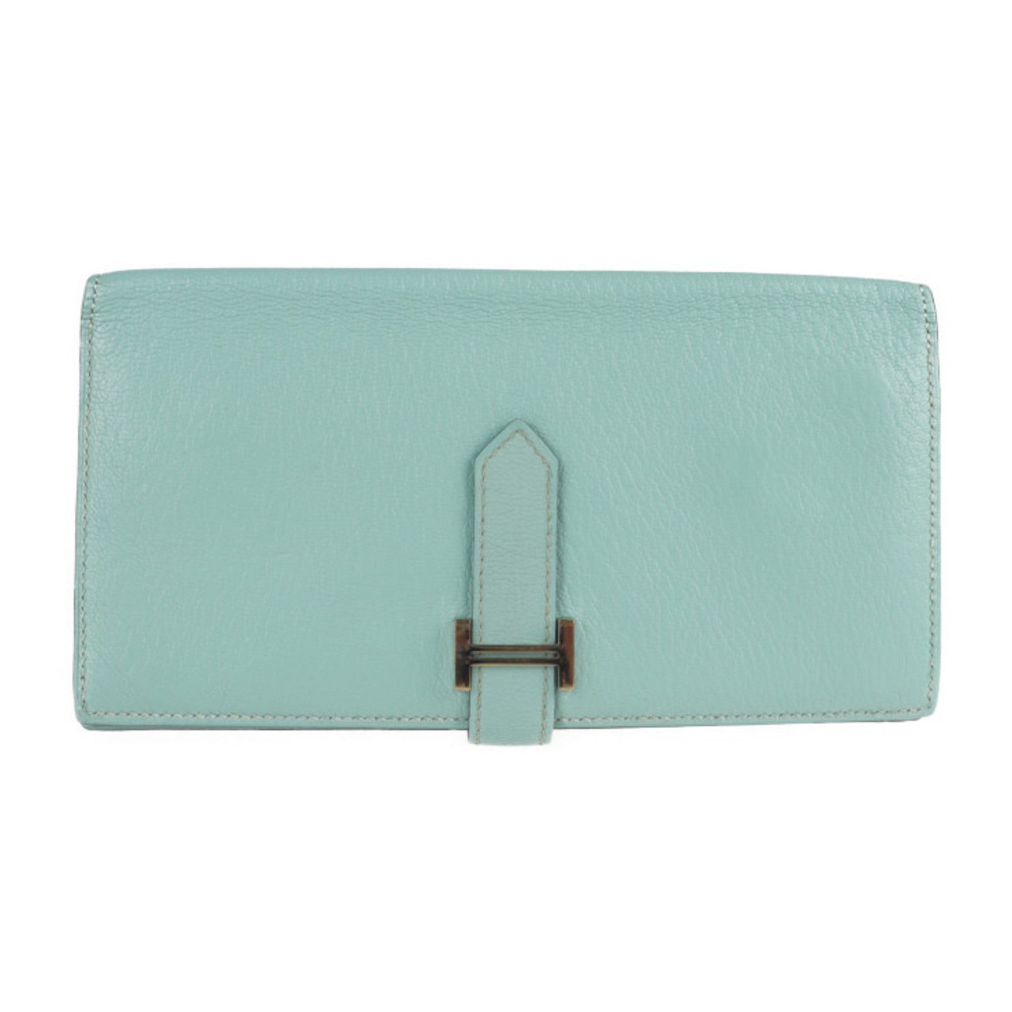 image of Hermes Bearn Classic Long Wallet Chevre Mint Green Bifold A Engraved in Black, Women's