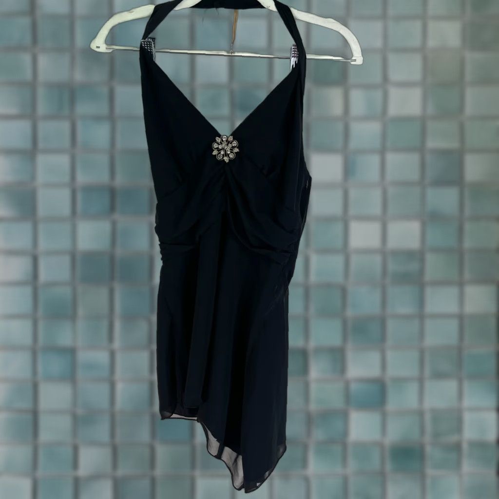 Vintage VINTAGE MSK Y2K 2000s Fairycore Dress S Black Halter Sleeveless Ruched Chiffon Knee Length Vintage Size S / US 4 / IT 40 - 1 Thumbnail