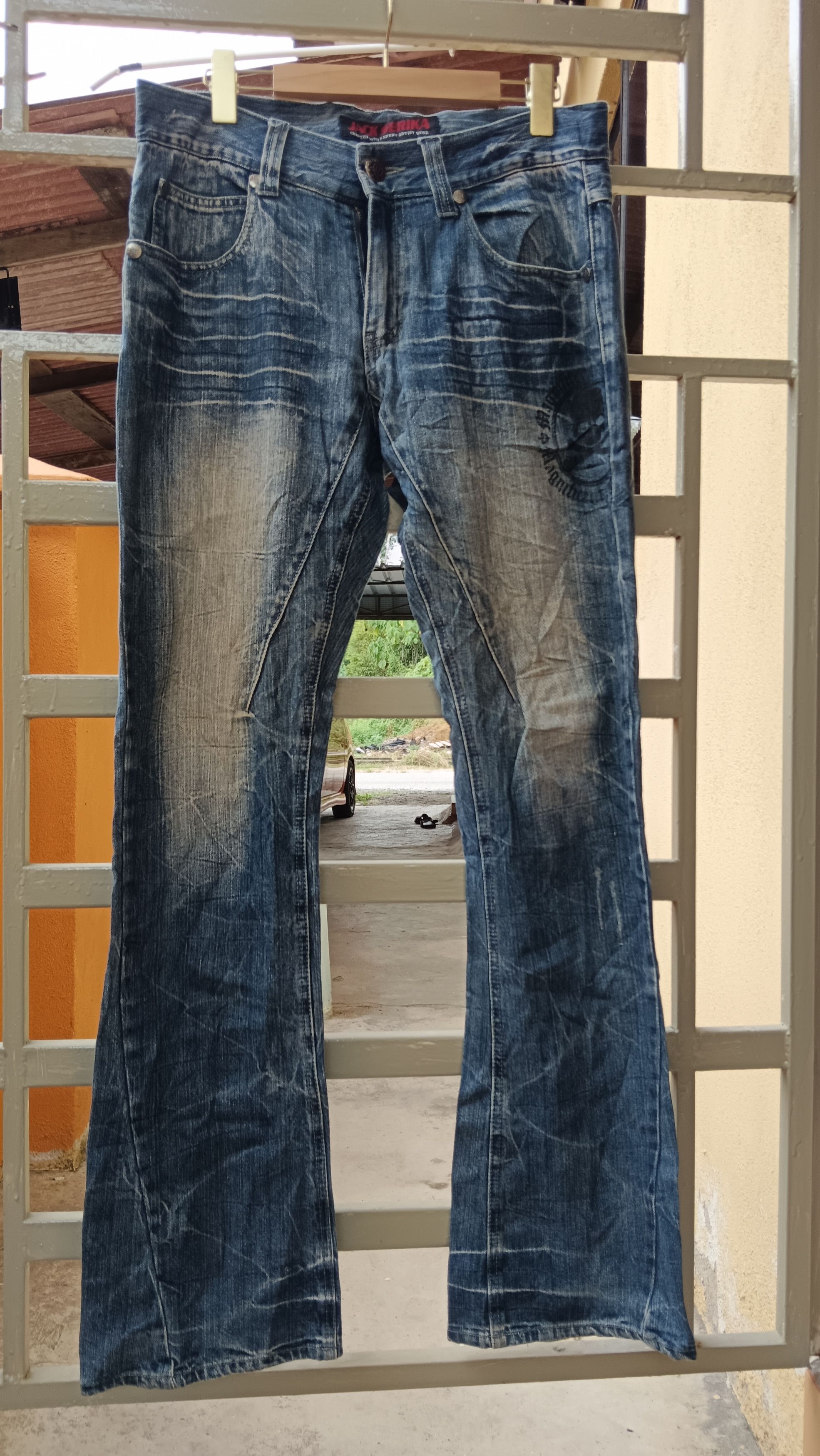 Tornado Mart 💥Jack Serika💥 Union Jack Punk Skull Flare Denim Size US 32 / EU 48 - 3 Thumbnail