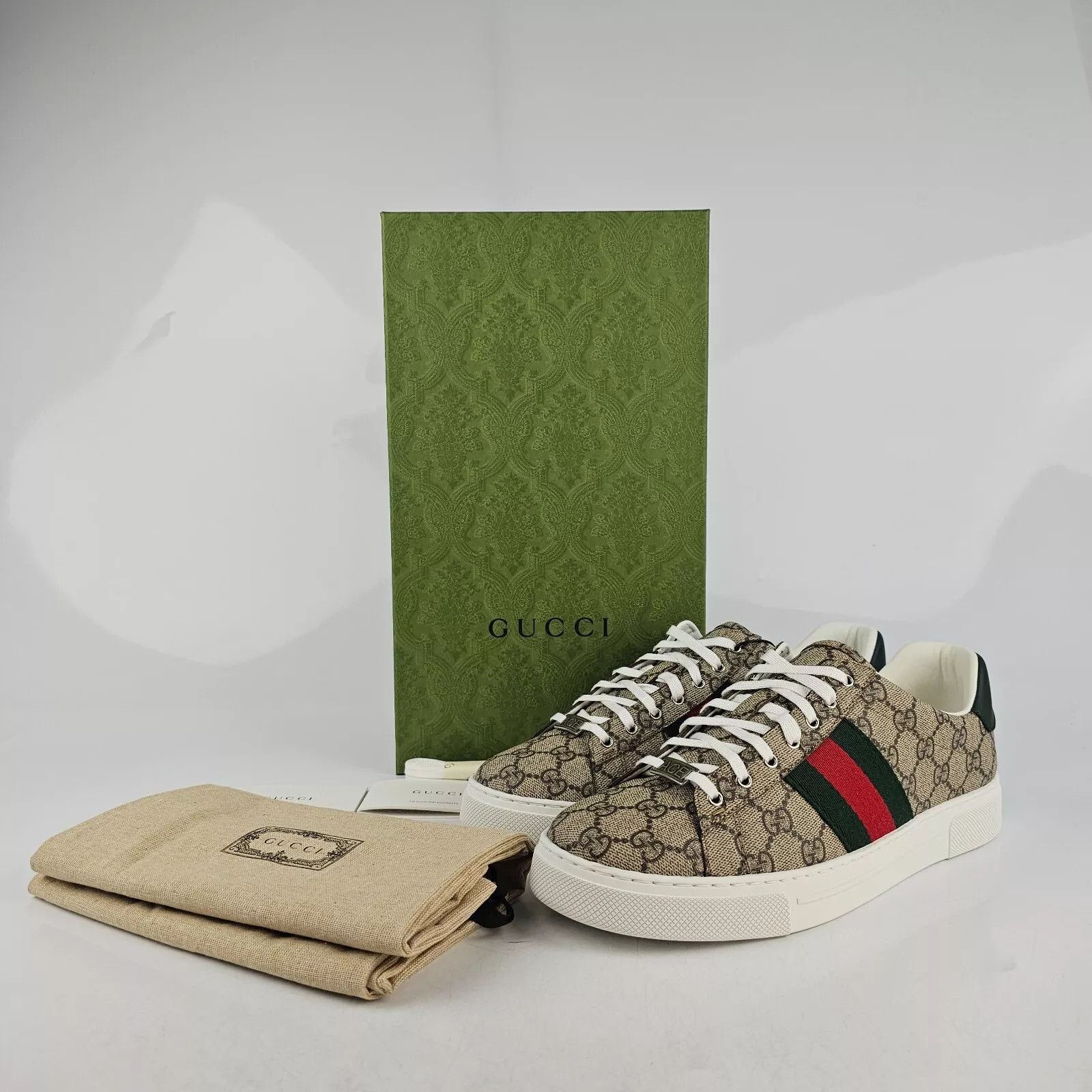 GUCCI Ace Men's GG Canvas Ebony/Beige/Green Sneakers New