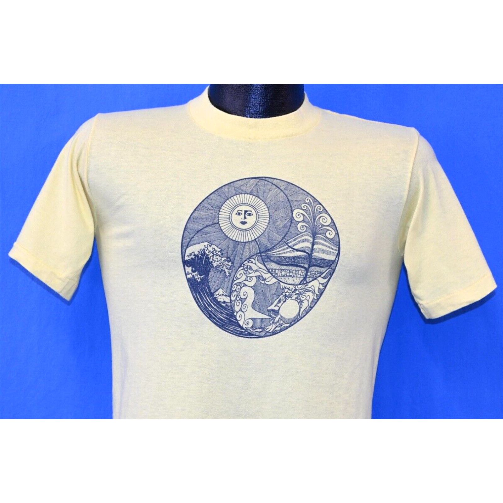 image of Vintage 70's Yin Yang Nature Ocean Sun Trw Systems Energy 2 Sided T-Shirt Xs in White, Men's