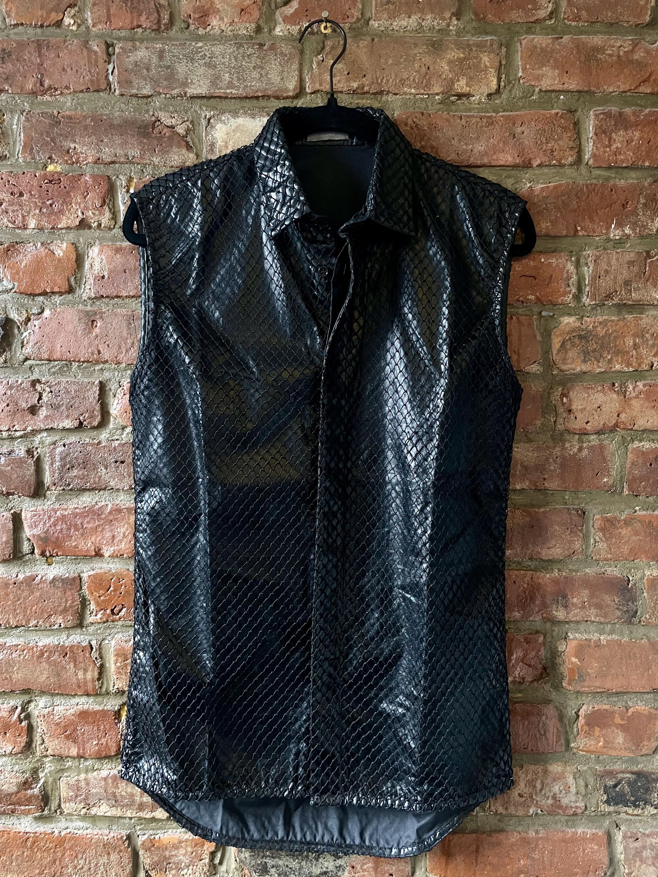 image of Ss04 Dior Homme Hedi Slimane Strip Sleeveless Shirt in Waxed Black, Men's (Size Small)
