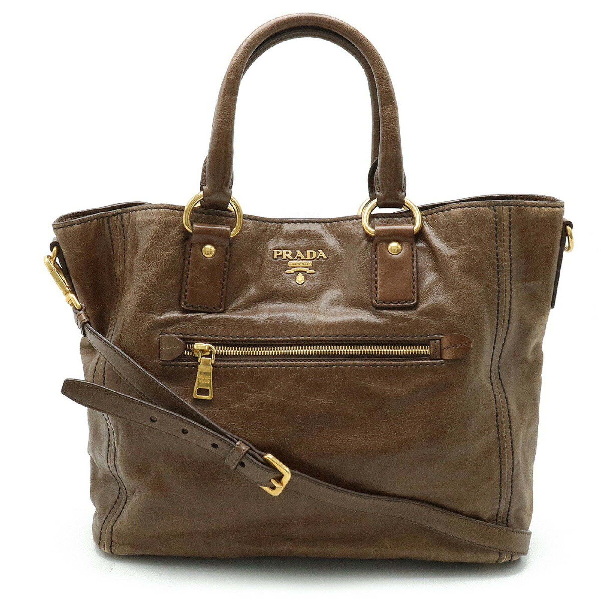 image of Prada Vitello Shine Tote Bag Shoulder Leather Nocciolo Khaki Brown Bn2151, Women's