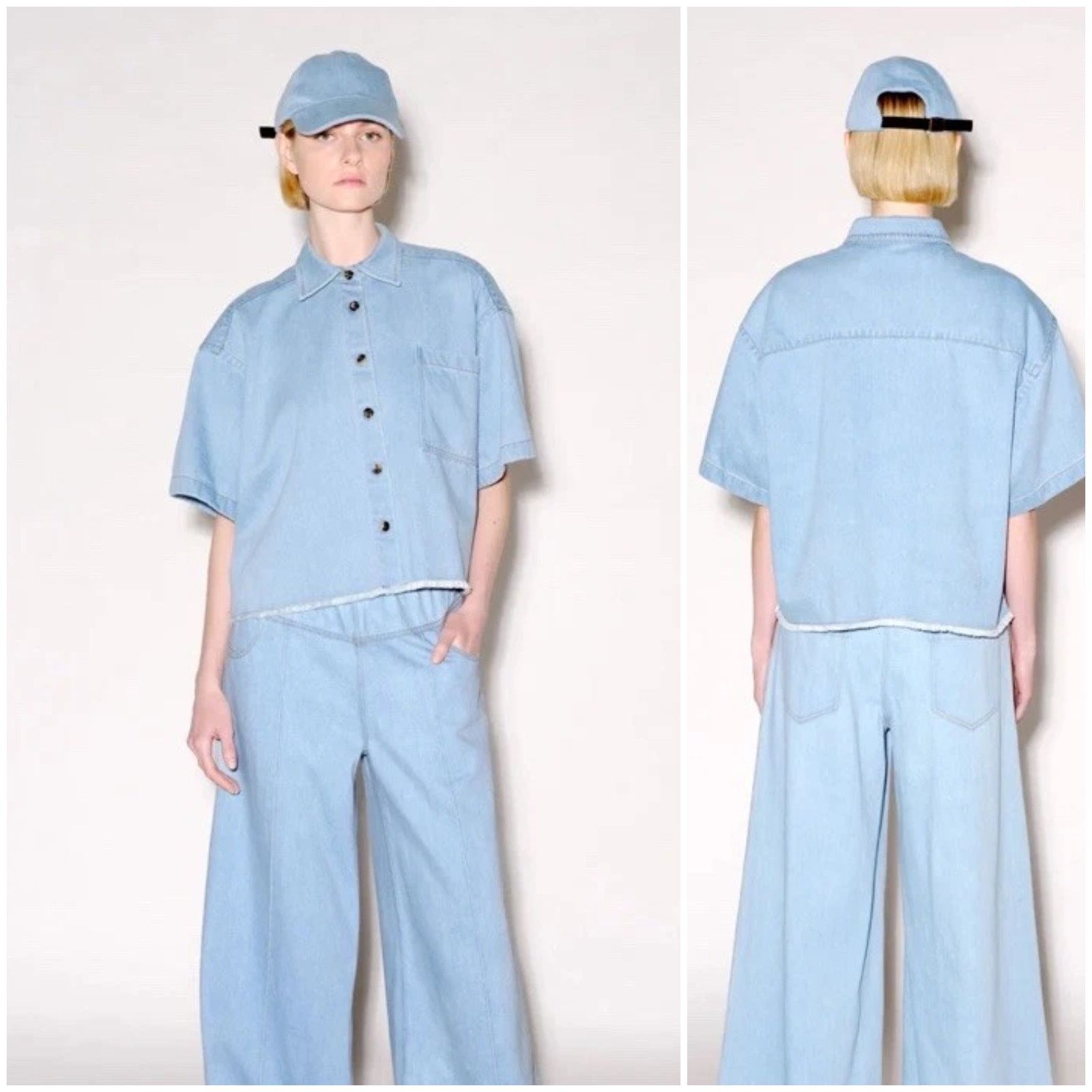 Rosetta Getty Rosetta Getty $730 Cropped Denim Shirt Mid Blue Wide Boxy Size ONE SIZE - 1 Thumbnail