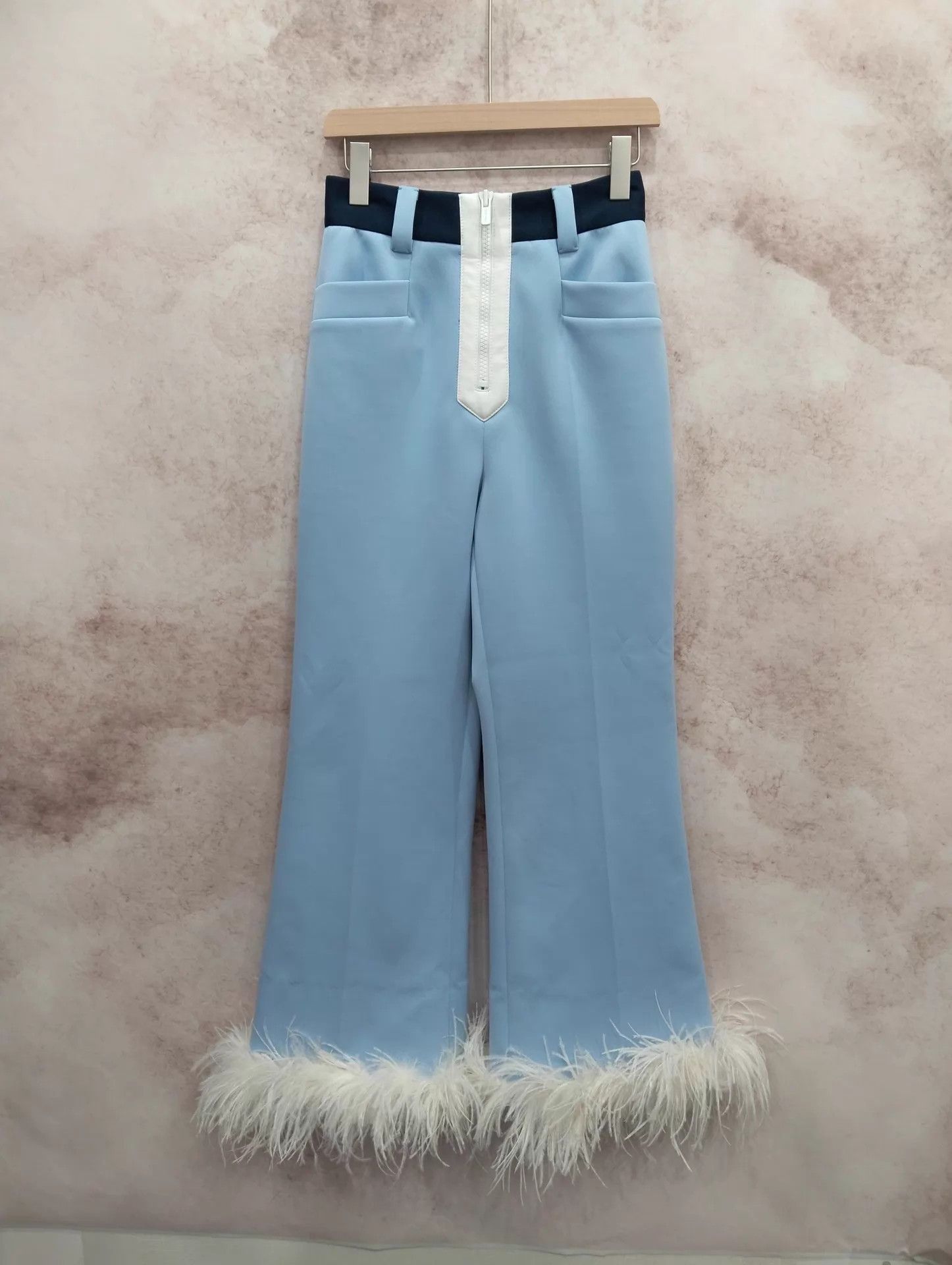 Miu Miu MIU MIU Blue Fur Trim Wide Leg Pants Size 40 Size 27" / US 4 / IT 40 - 1 Thumbnail