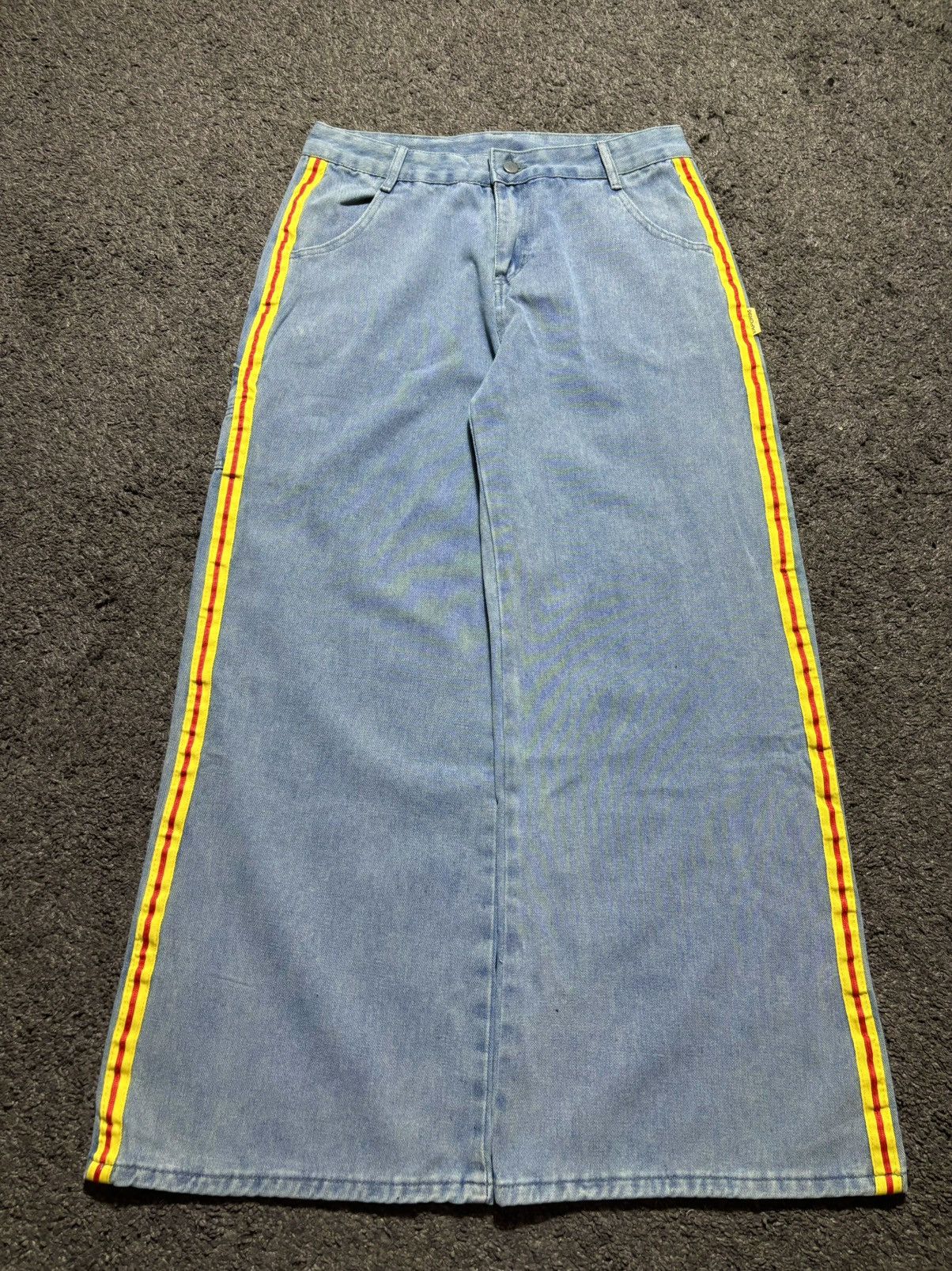 Jean × Vintage Vintage streetwear wide leg rare yellow blue baggy jeans Size US 33 - 1 Thumbnail